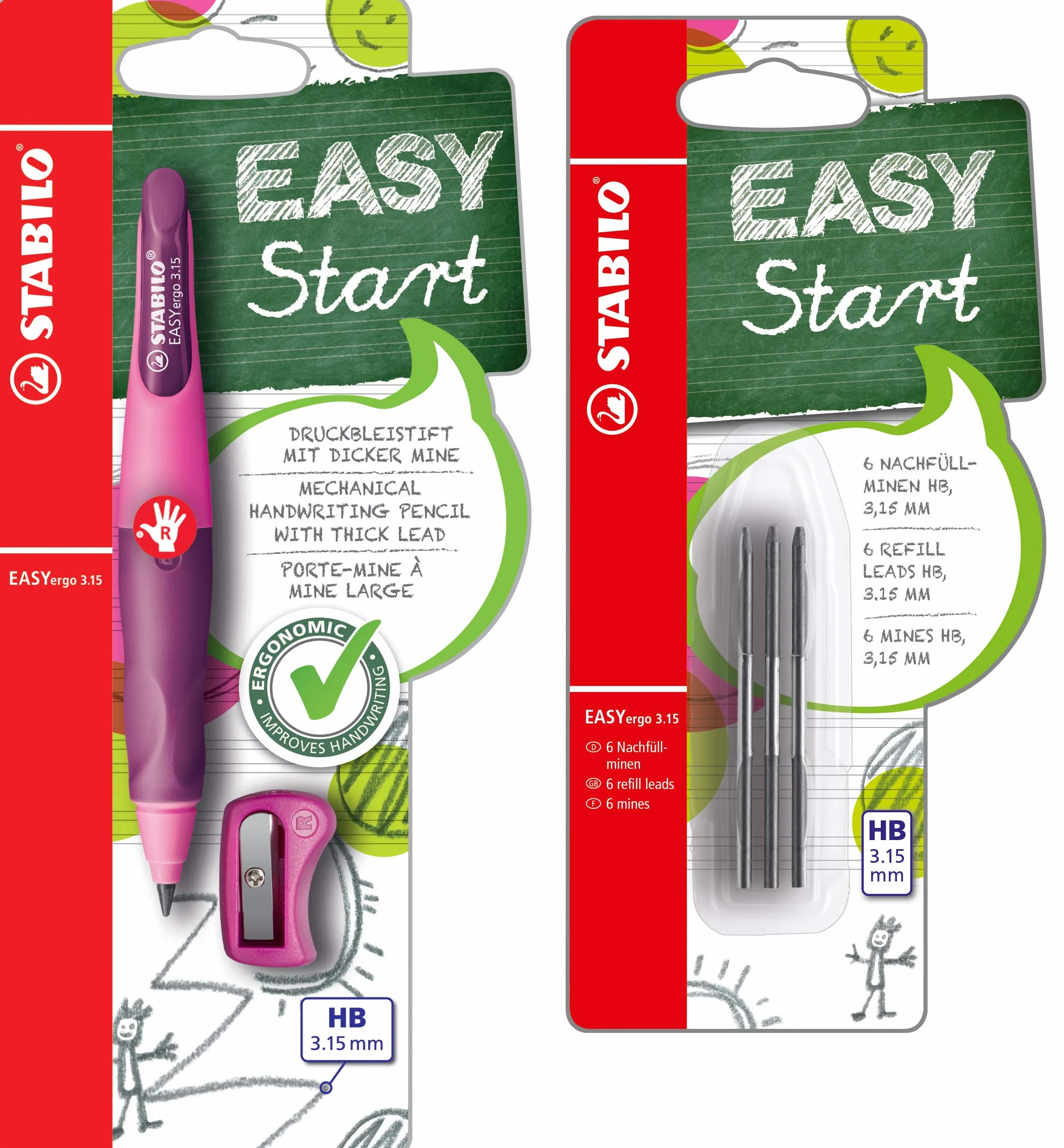 STABILO EASYergo 3.15 Ergonomiczne ołówki dla praworęcznych, różowo-fioletowe, z 1 grubą końcówką, twardością HB i temperówką i wkładem, twardość HB i temperówka + wkład