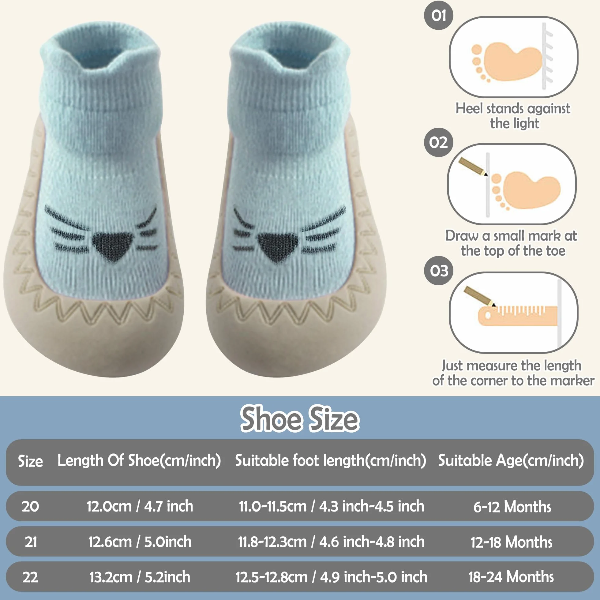 JinBei Skarpety dziecięce, antypoślizgowe, gumowa podeszwa, buty do nauki chodzenia, słodkie, dla małych dzieci, miękka podeszwa, antypoślizgowe, buty dla chłopców i dziewczynek, 6-24 miesięcy