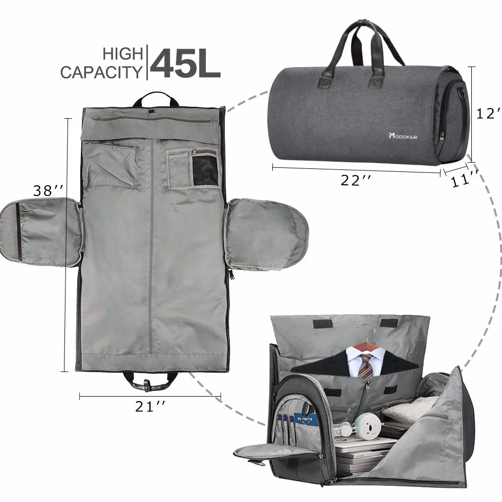 Torba na ubrania z paskiem na ramię, Modoker torba sportowa dla mężczyzn i kobiet, 2 w 1, wisząca walizka, garnitur, torby podróżne, Czarny, 45L DUFFEL BAG, Miękki