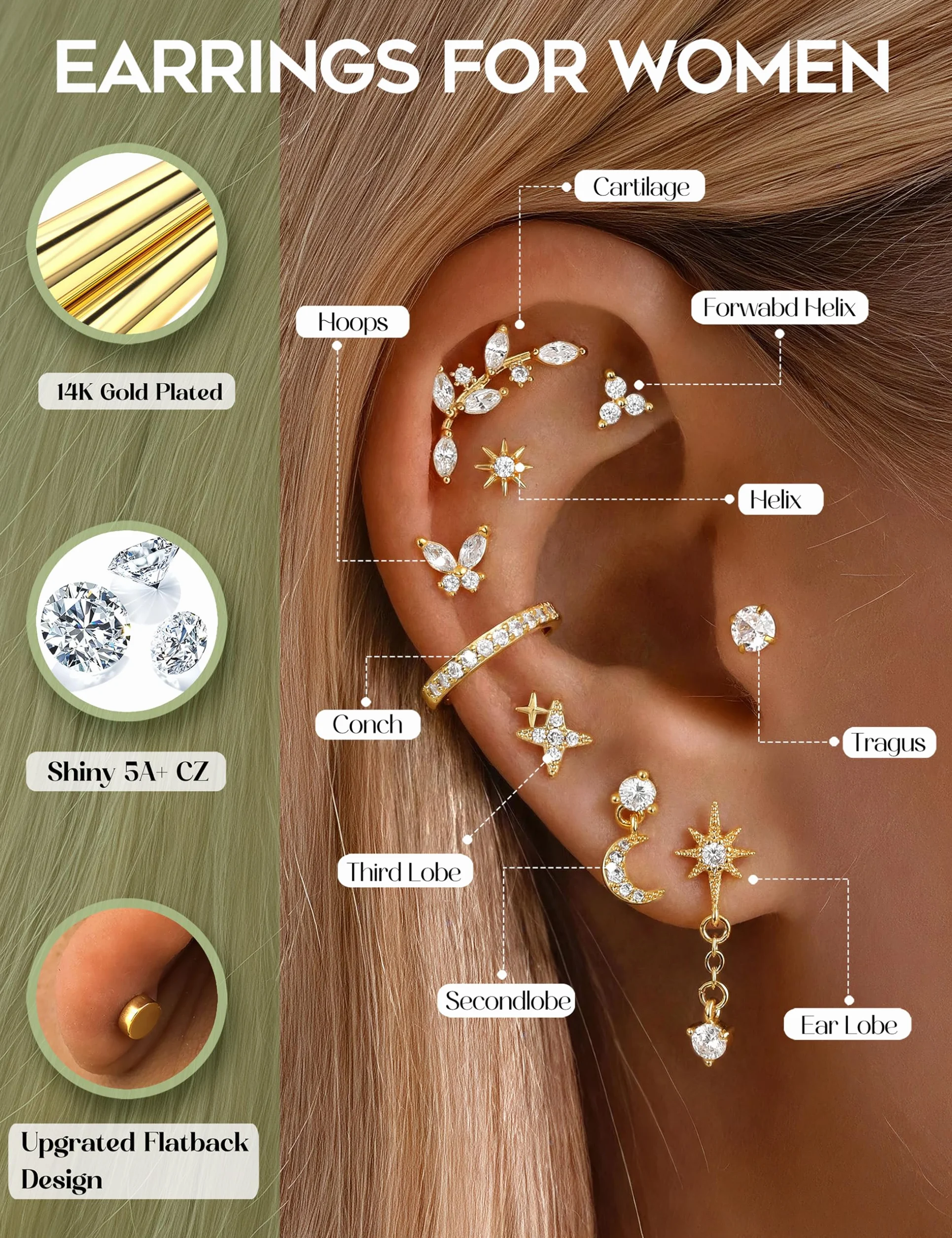 CASSIECA Kolczyki damskie, 21 szt., kolczyki do uszu ze stali nierdzewnej, złoto, srebro, piercing Helix Conch Tragus Daith, biżuteria damska
