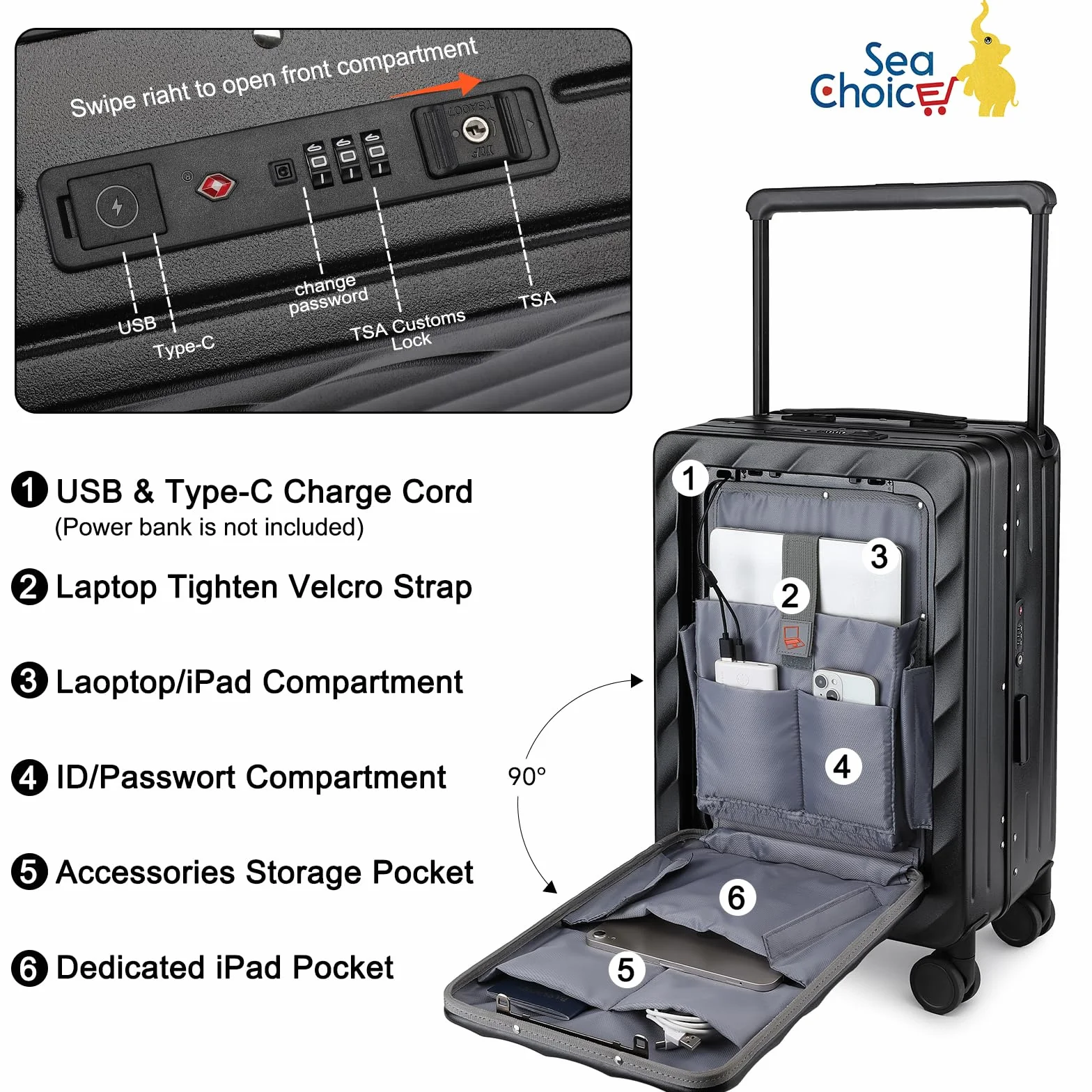 Sea Choice Walizka na kółkach z przegrodą na laptopa Walizka podręczna Twarda walizka na laptopa Walizka podróżna Port USB Zamek TSA 4 kółka