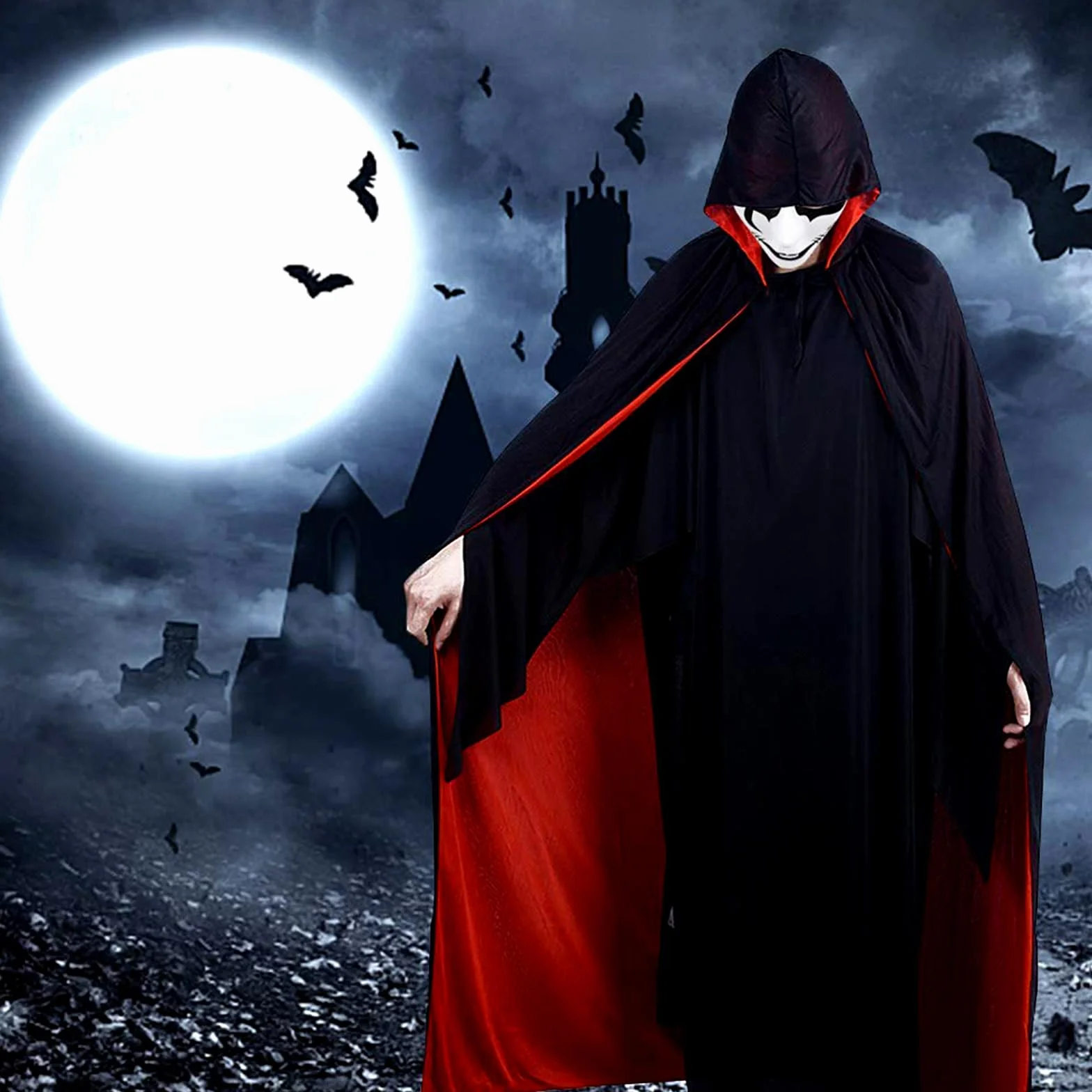 Halloween peleryna z kapturem wampira, peleryna z kapturem, czarno-czerwona, dwustronna, Halloween, chudy mężczyzna, kostium na Halloween dla dorosłych