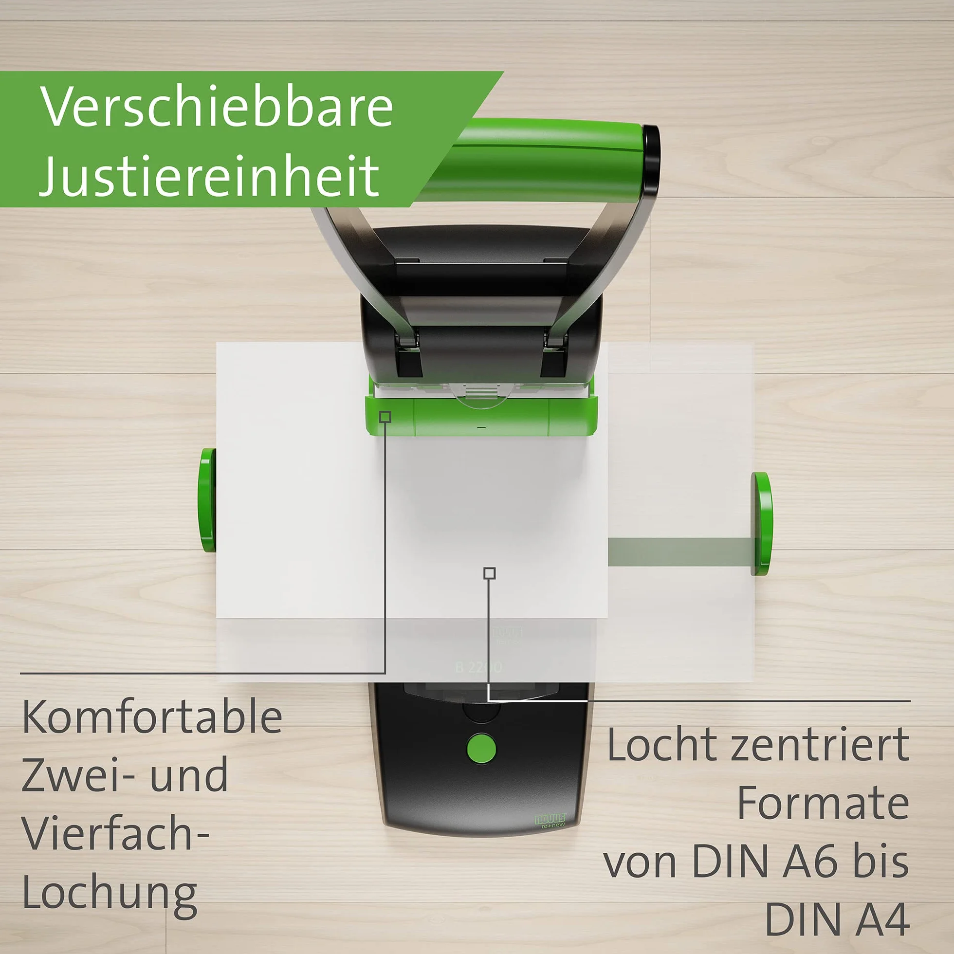 Novus B 2200 re+new Sustainable Block Punch (200 arkuszy, podwójne i poczwórne otwory, urządzenie z litego metalu z powłoką z tworzywa sztucznego wykonane w 78% z tworzywa sztucznego pochodzącego z