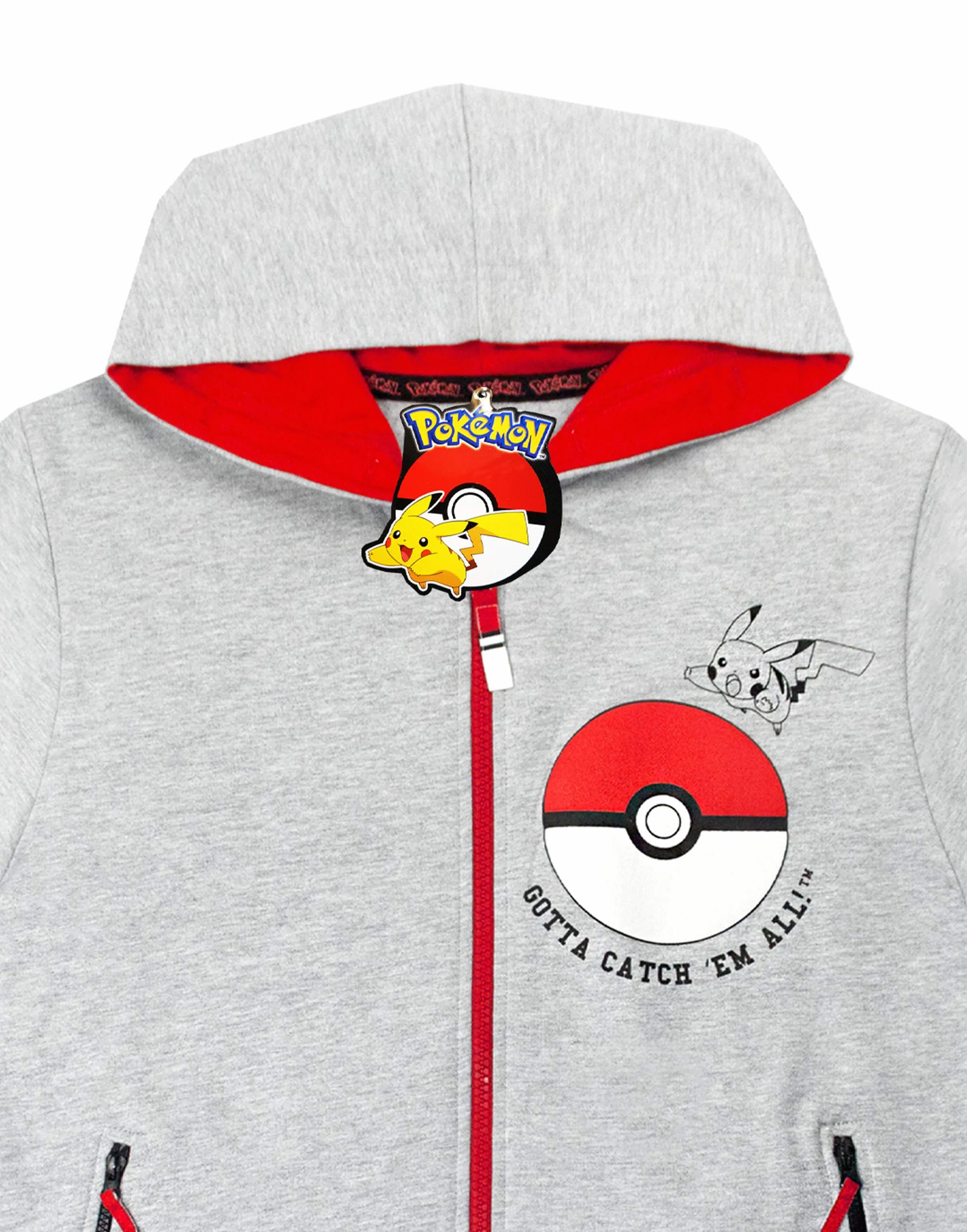 Pokemon chłopięca bluza z kapturem | Dziecięca bluza z kapturem Pokeball Gotta Catch Em All | Pikachu szaro-czerwona bluza dla dzieci | długi rękaw, bluza z kapturem i kieszenie