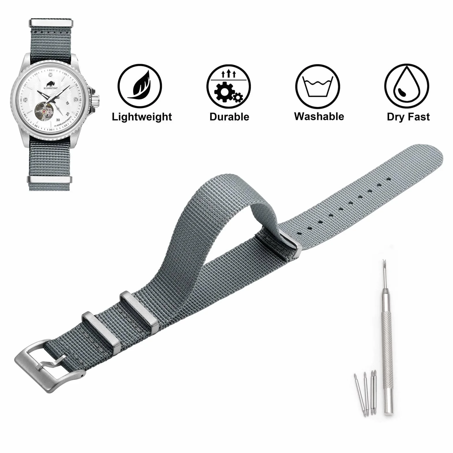 BISONSTRAP Nylonowe paski do zegarków dla mężczyzn, jednoczęściowe wojskowe paski do zegarków, 18 mm, 20 mm, 22 mm