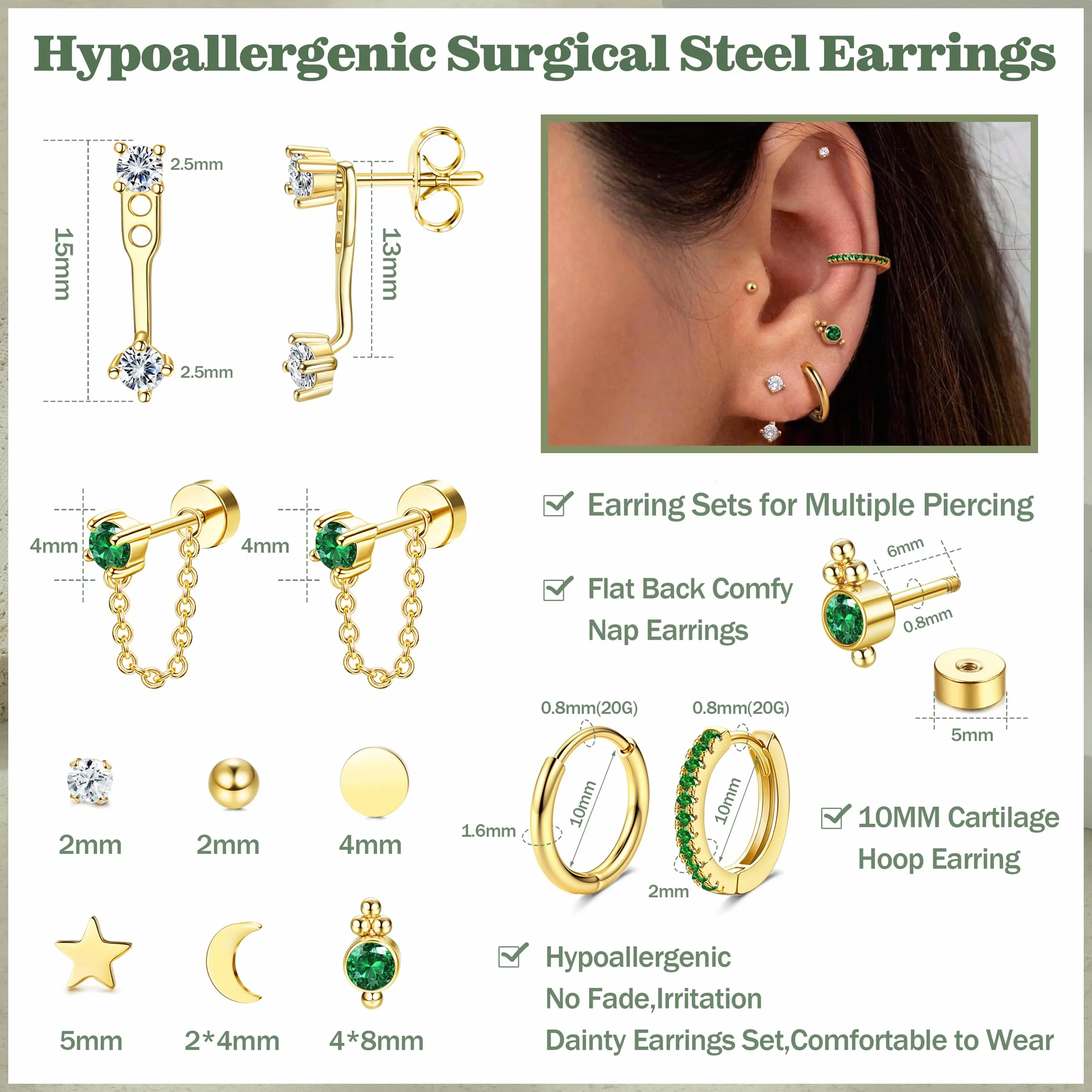 JeweBella 10 par hipoalergicznych damskich kolczyków srebrnych/złotych zestaw kolczyków damskich ze stali nierdzewnej, piercing do uszu kreole chrząstki do wielokrotnego piercingu