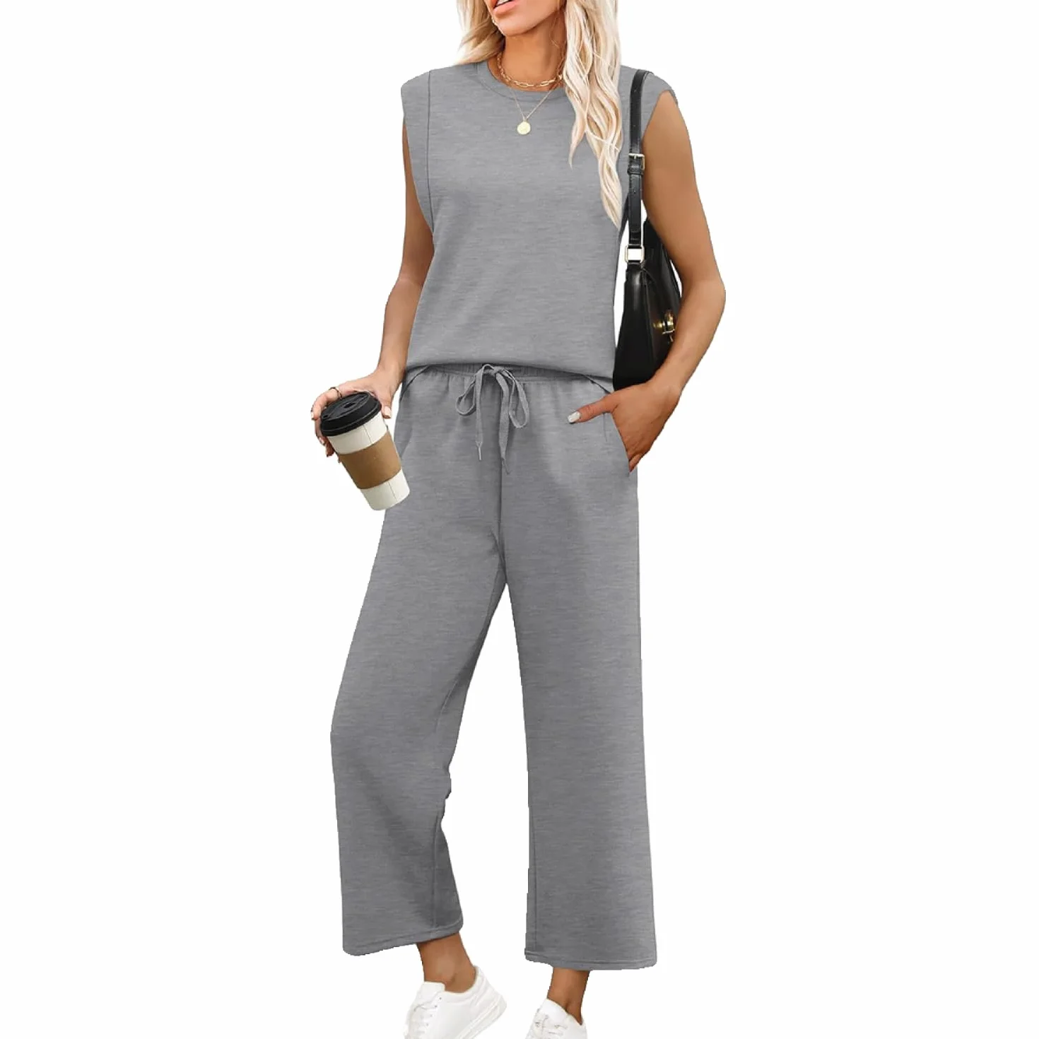 Womens Casual Sleeveless Top and Wide Leg Pants Set 2 Piece Outfit Solid Color Round Neck Lounge Wear Matching Set for Summer Spring Daily Wear