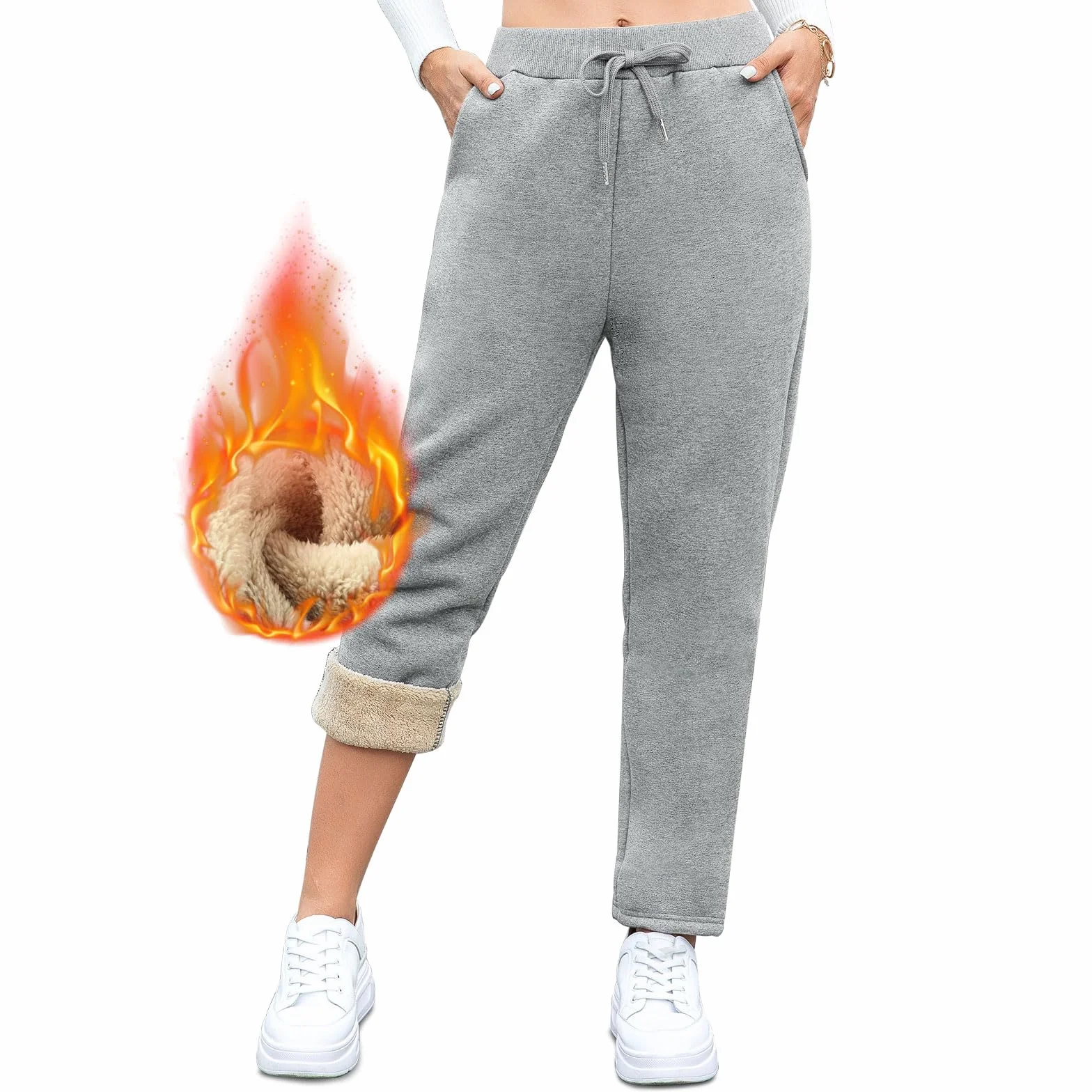 Joggery z podszewką polarową, damskie puszyste spodnie sherpa, ciepłe termiczne spodnie dresowe, zimowe grube spodnie treningowe, kieszenie ze sznurkiem dla kobiet, do biegania, fitnessu