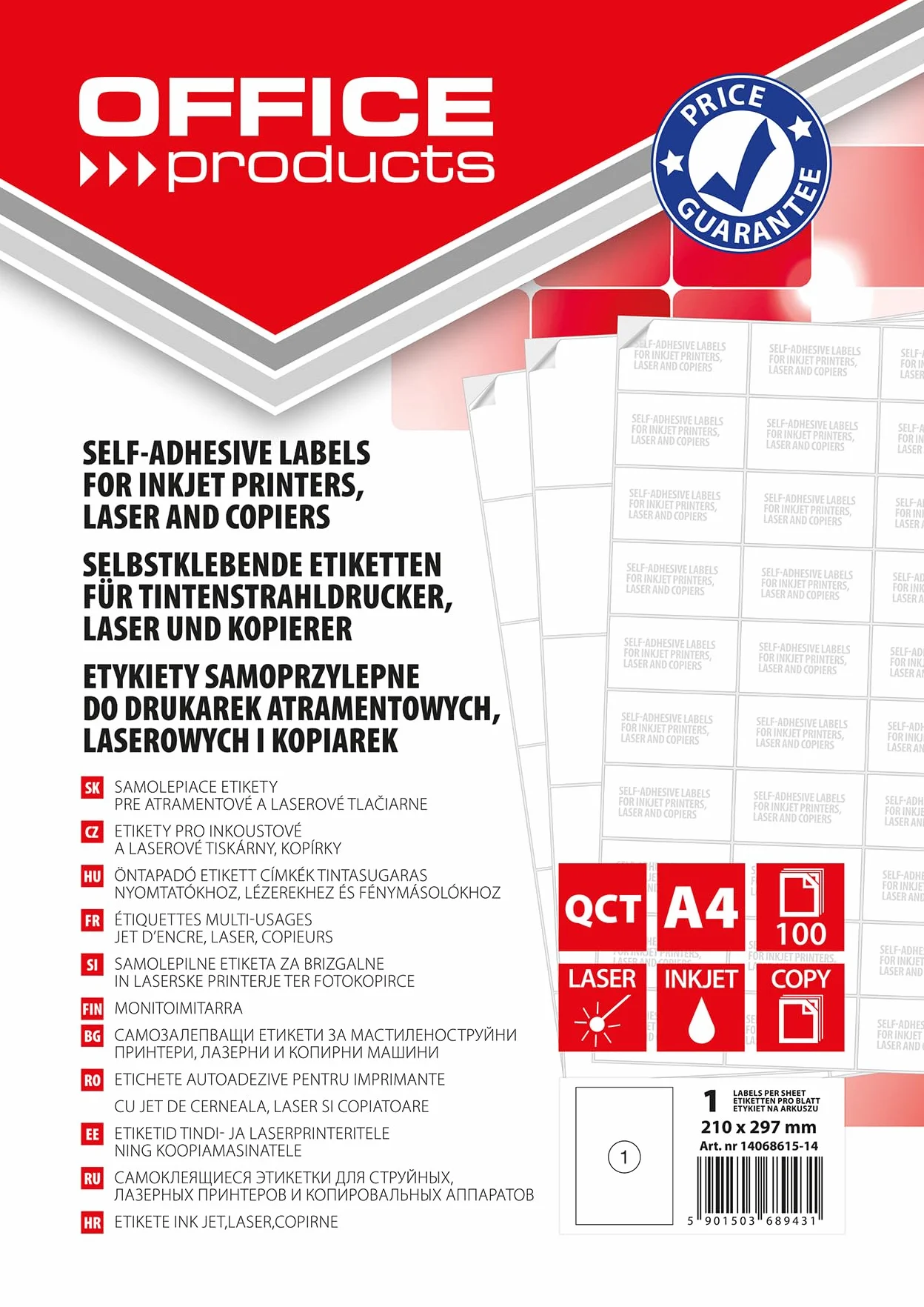 OFFICE PRODUCTS etykiety samoprzylepne / 210 x 297 mm / 100 arkuszy A4 / białe/ekonomiczne etykiety samoprzylepne/naklejki adresowe do nadruku, etykiety adresowe samoprzylepne