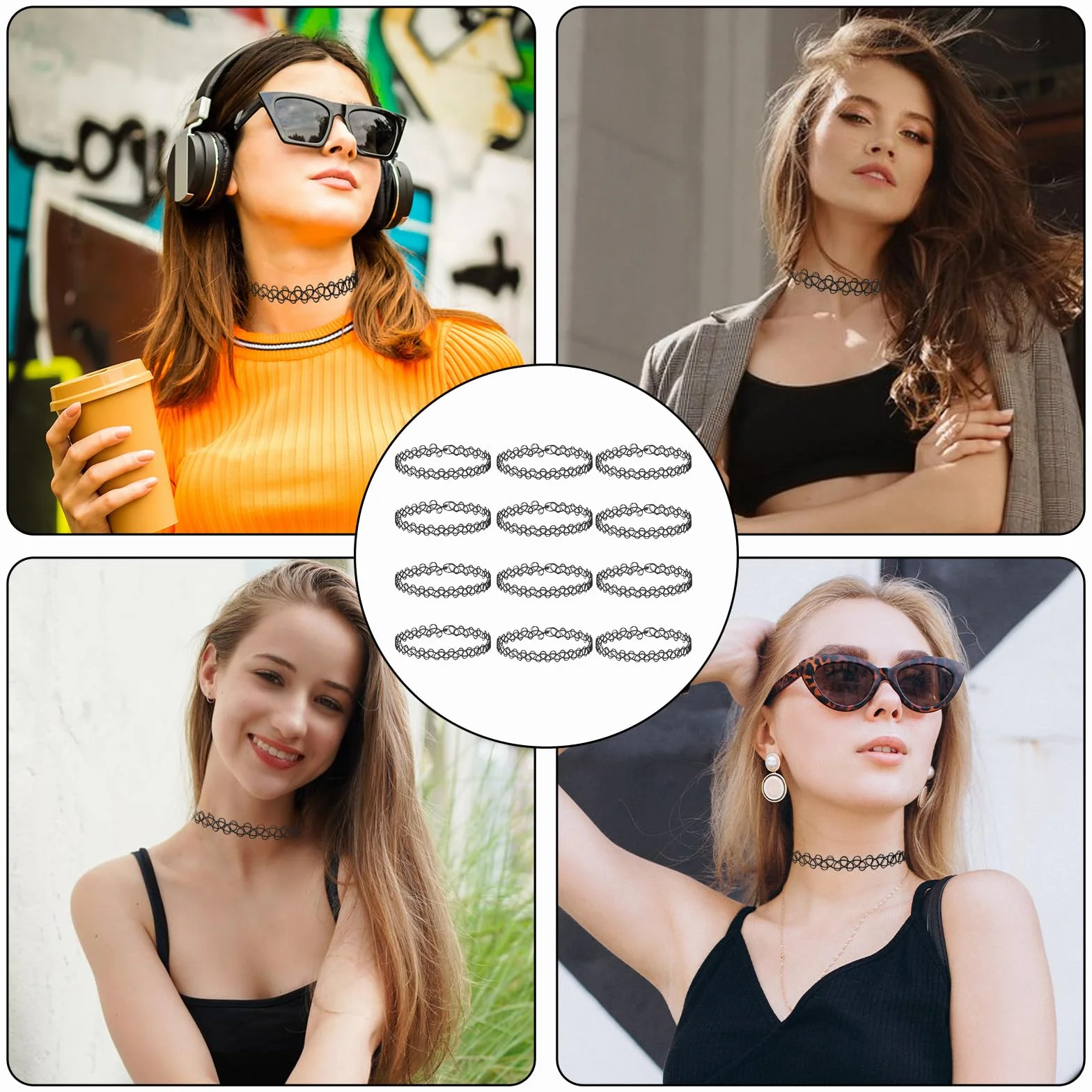 12 sztuk naszyjników tatuażowych, elastyczny naszyjnik choker do stroju z lat 90., akcesoria na imprezę w stylu lat 90., damski gotycki punk zestaw biżuterii