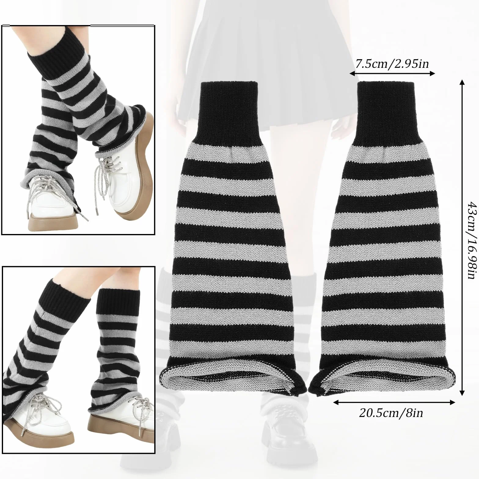 1 para Y2k Kawaii ocieplaczy damskich, zimowe ocieplacze na nogi, japońskie ocieplacze na nogi, czarno-białe dziane legwarmers, do wszystkich rodzajów butów