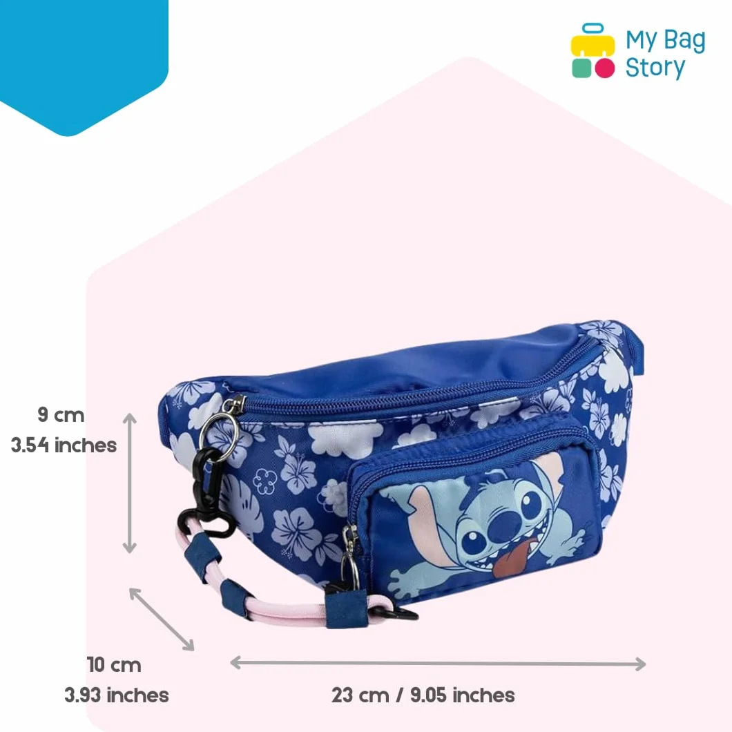 mybagstory | Stitch Bananowa torba dla dzieci i nastolatek | Niebieska kieszeń na pasek Disneya | Regulowana torba na ramię dla dziewczynek i chłopców, idealna sportowa torba na podróż do szkoły, 23 x