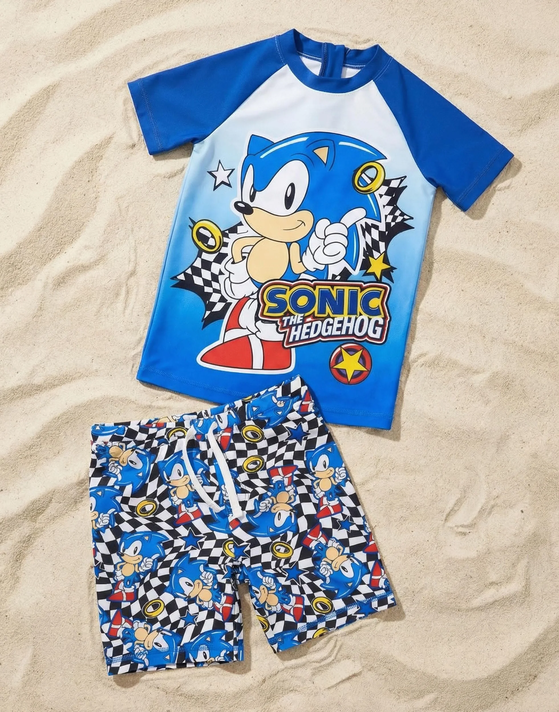 SONIC THE HEDGEHOG Dziecięcy strój kąpielowy | Dzieci 2 sztuki T-shirt Szorty Charakter Wyścigowy Damski Strój Kąpielowy