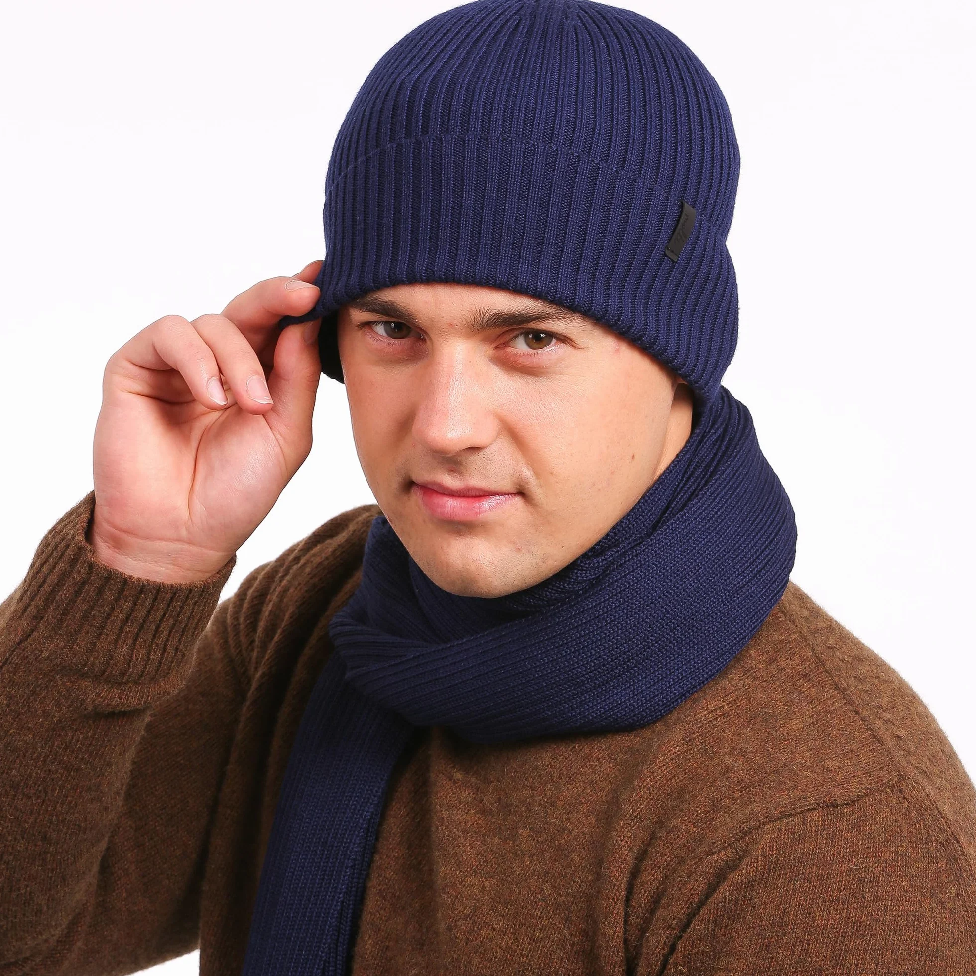 Molti Zestaw czapek i szalików dla mężczyzn, 100% wełna merynosów, czapka beanie, czapka męska, jesień/zima, ocieplacz, czapka męska 2 w 1, wybór kolorów