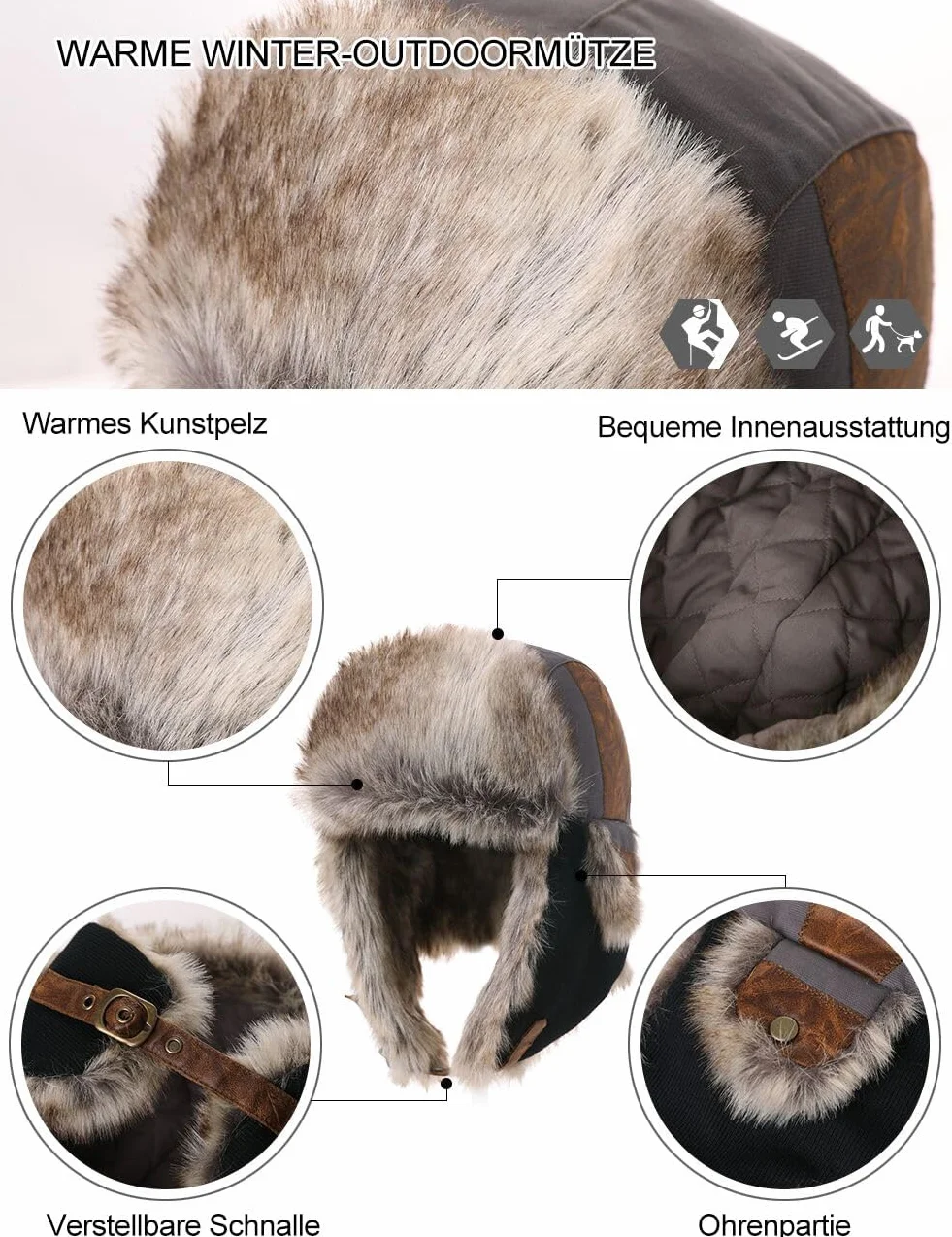 Comhats Ciepła bawełniana czapka z trapperem, unisex, czapka lotnicza, futrzana, dla dorosłych
