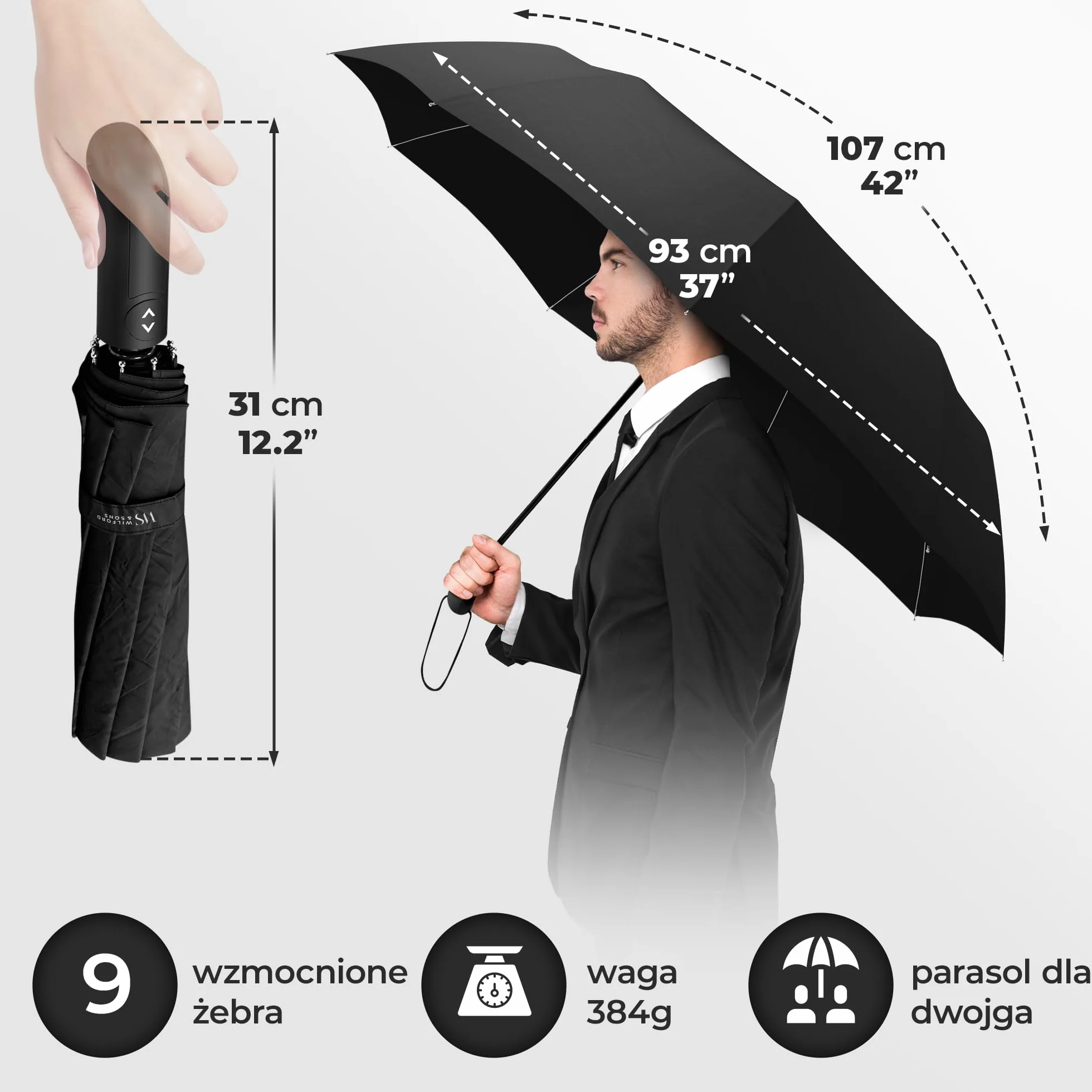 Parasol Kieszonkowy Burzowy + Otwieranie-Zamykanie Automatyczne & Torba | Mężczyźni Kobiety Dzieci Podróżny - Kompaktowy Stabilny, Teflonowy Wiatro- I Deszczoodporny | Golfowy
