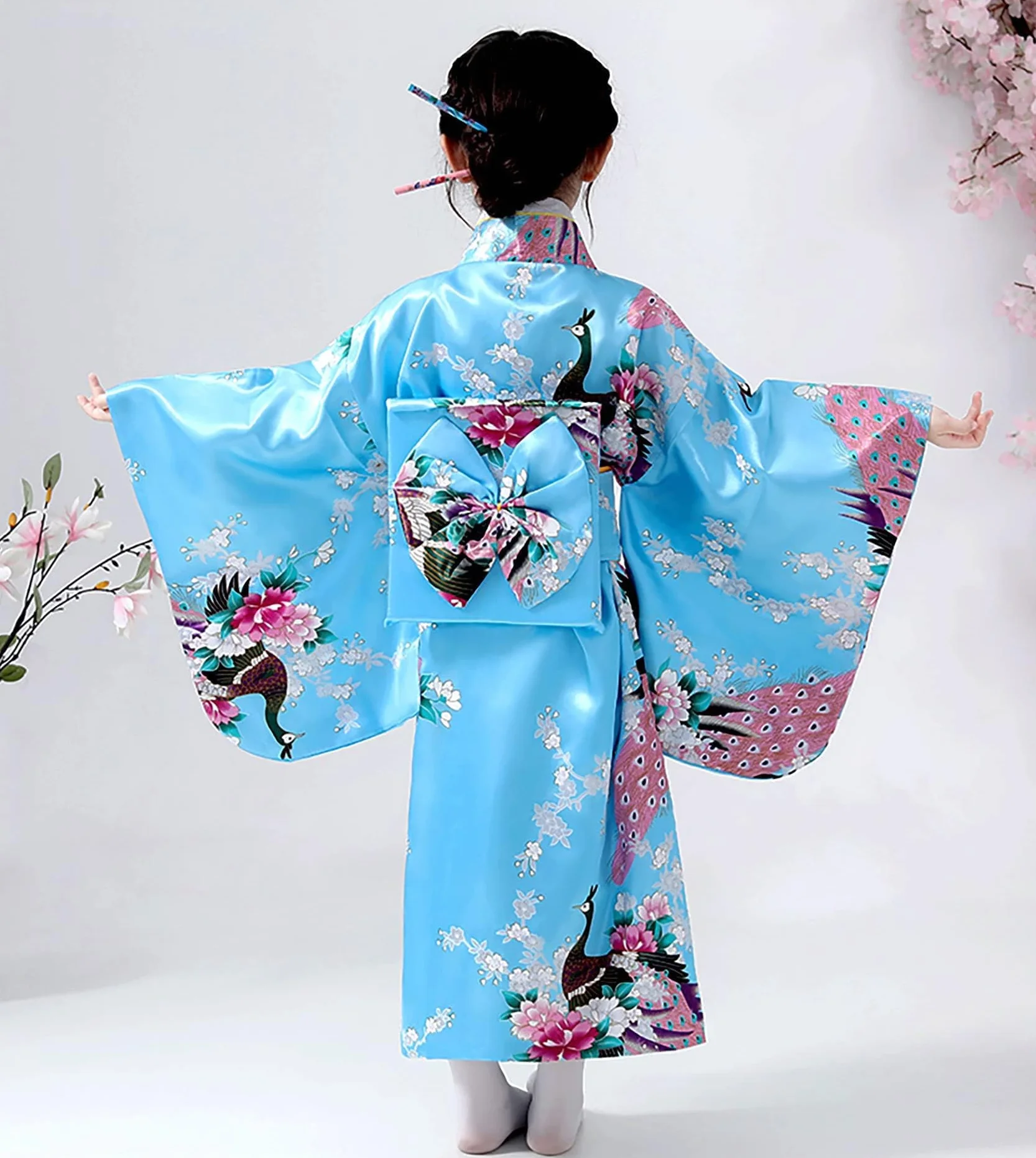 Dziecięce Yukata w Stylu Vintage Japońskim - Sukienka Kimono dla Dziewcząt, Dziecięca Tradycyjna Odzież z Jedwabnego Płótna, Sukienka na Ślub, na Imprezę, na Występ, NIEBIESKI, 140