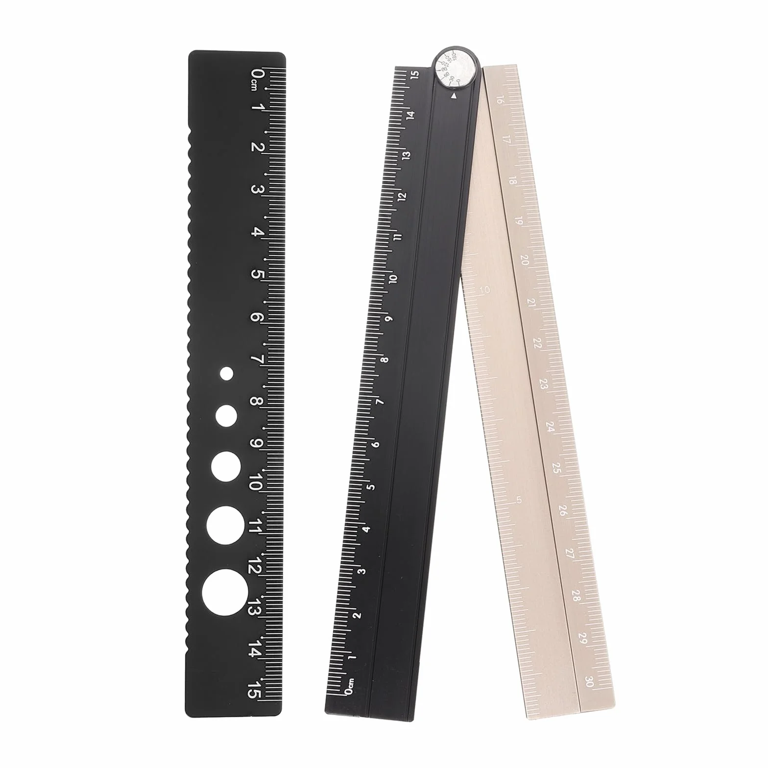 QUARKZMAN Zestaw linijki 30/15 cm, składana linijka, kątomierz, ze stopu aluminium, składana linijka z wydrążonym kółkiem, do domu, biura, czarno-złota