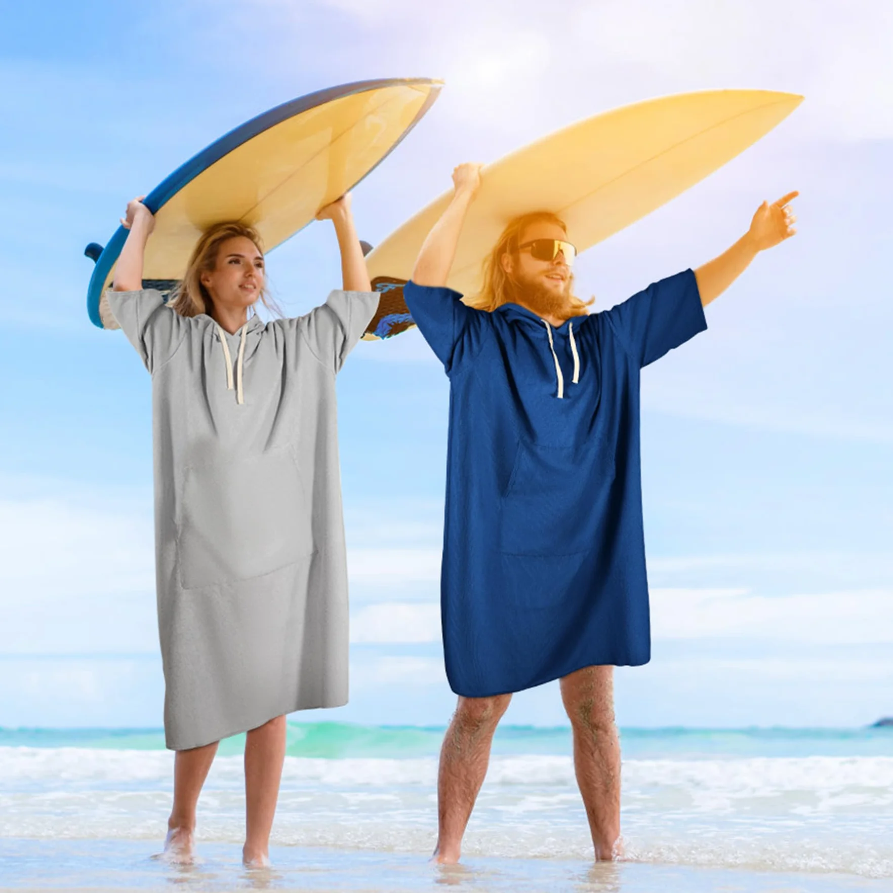 Ponczo surferskie unisex z ręcznikowej bawełnianej tkaniny frotte, szlafrok do przebierania, do pływania, na plażę, rozmiary dla dorosłych
