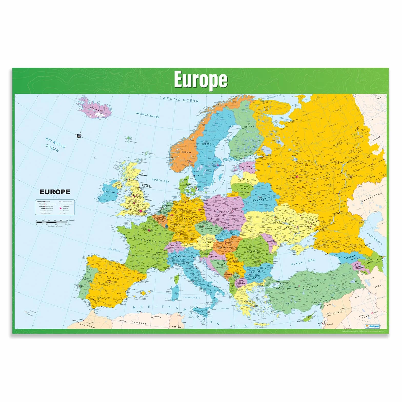 Mapa Europy | Plakaty geograficzne | Papier błyszczący o wymiarach 850 mm x 594 mm (A1) | Plakaty klasy geograficznej | Wykresy edukacyjne firmy Daydream Education