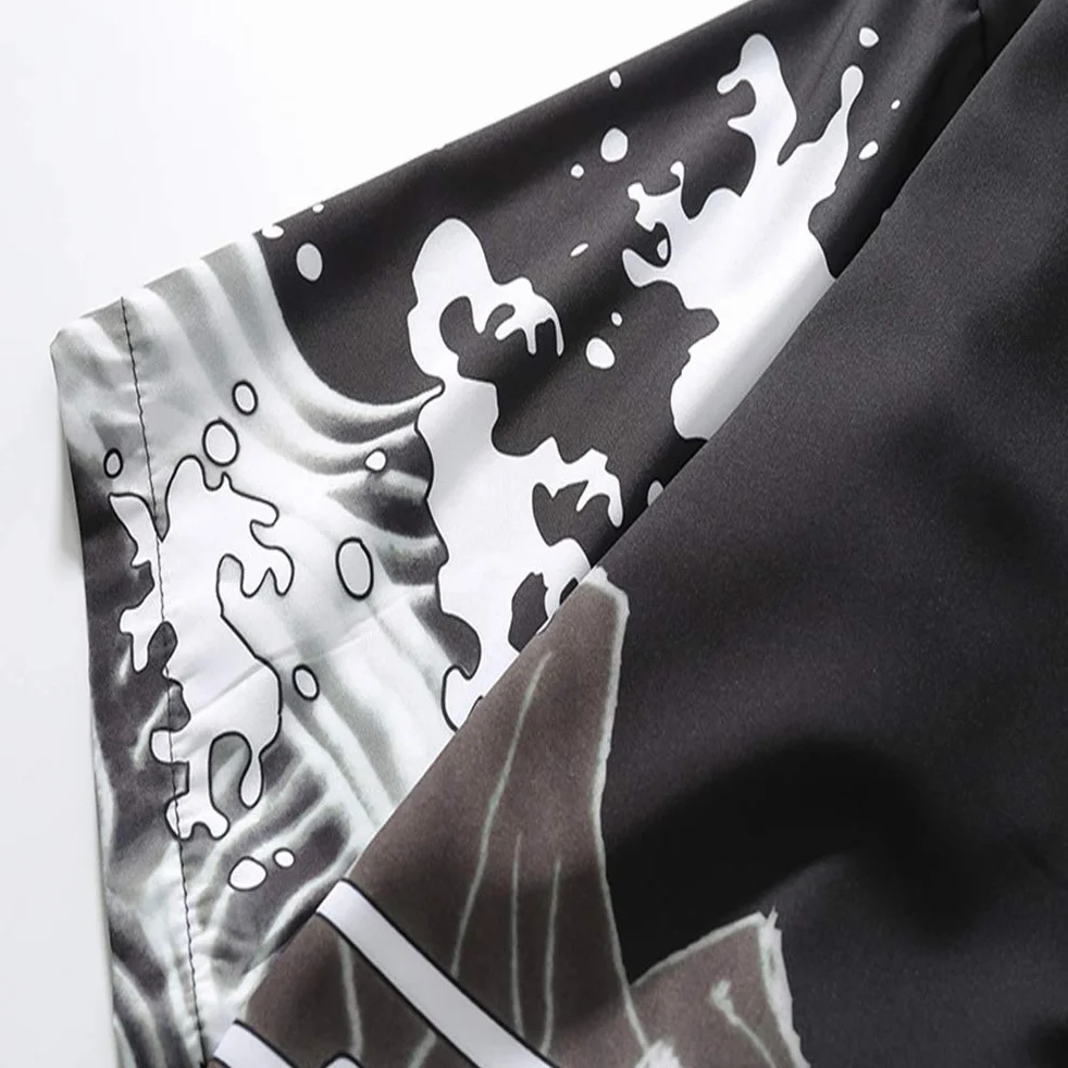 Męska kurtka kimono, neutralna retro wzorzysty wzór żurawia luźny rękaw bawełniana koszula top