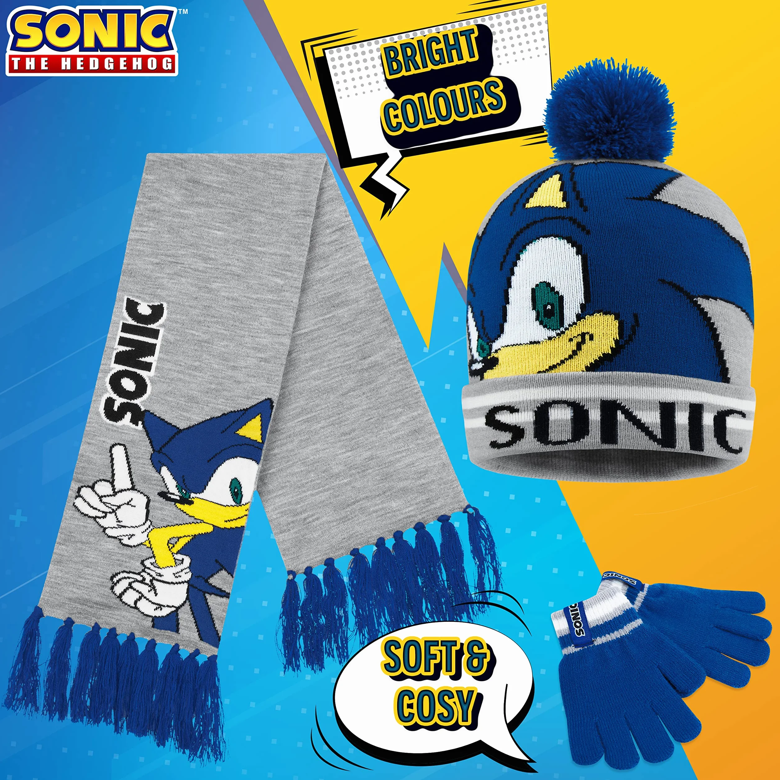 SONIC THE HEDGEHOG Czapka beanie szalik i rękawiczki zestaw dla chłopców