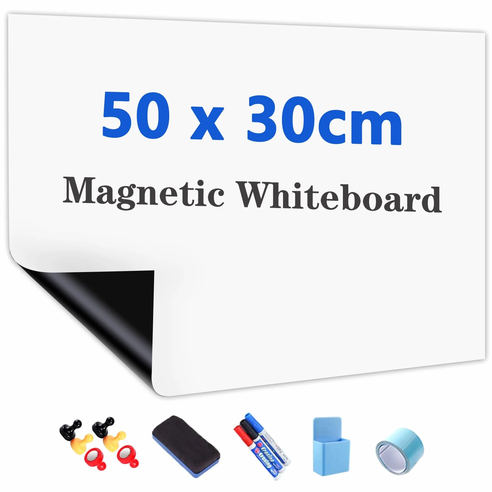 JOMUSAGA Magnetyczny papier do tablic suchościeralnych, 50 x 30 cm, samoprzylepny arkusz suchościeralny, folia suchościeralna na ścianę, z pisakami do wycierania na sucho, gumką i magnesami, idealny