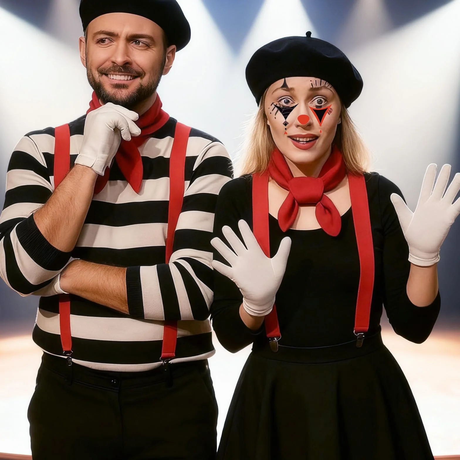 LUKIUP Kostium damski z cyrkiem, na Halloween, 5 sztuk, kostium klauna z beretem, szalikiem, rękawiczkami, skarpetkami i szelkami, kostium klauna na Halloween, karnawał, imprezę Cosplay