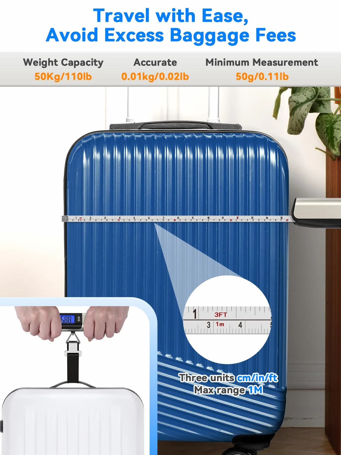 Dr.meter Waga podróżna z taśmą mierniczą, praktyczna cyfrowa waga bagażowa z hakiem (50 kg/110 lb) z wyświetlaczem LCD i ramieniem przeciążeniowym. Zintegrowana taśma miernicza do podróży wraz z