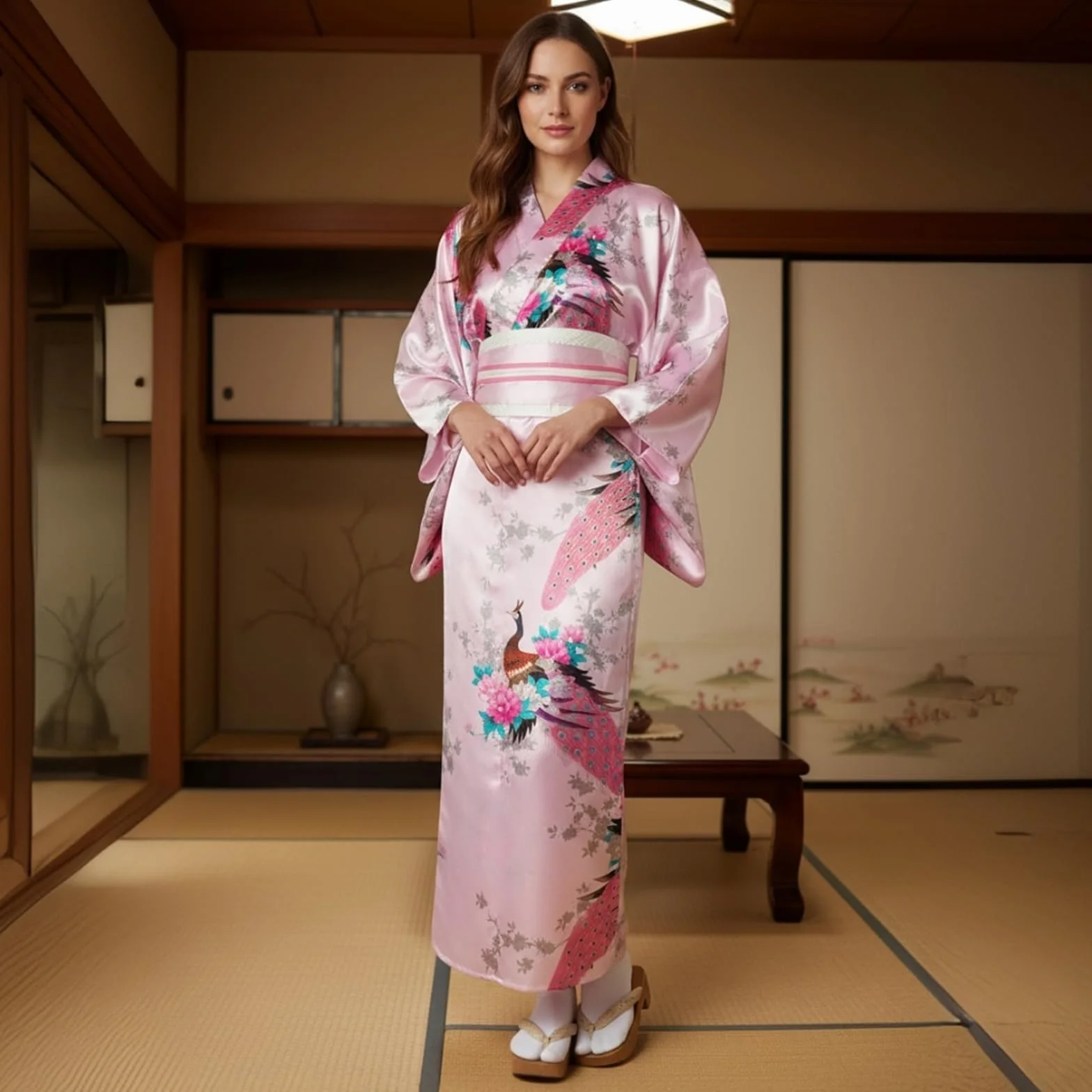 Tradycyjne japońskie kimono dla kobiet, japoński damski szlafrok Yukata, sukienki w stylu japońskim dla kobiet, kostium cosplay, satynowy szlafrok na imprezę, spa lub ślub, ze składanym wachlarzem i
