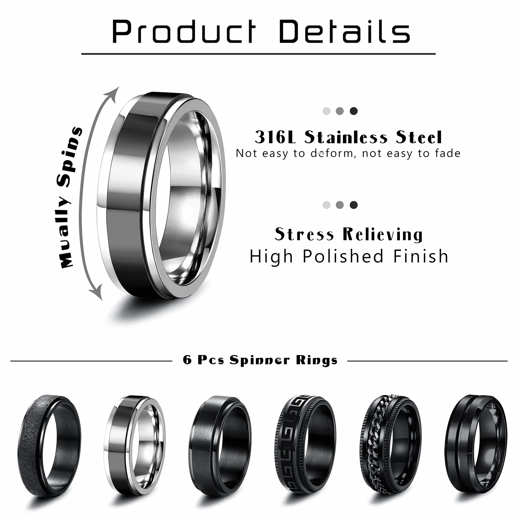JeweBella 6 szt. męskie pierścionki skręcone ze stali nierdzewnej pierścienie obrotowe 8 mm czarne fajne celtyckie pierścionki vintage obietnica ślubna czarna obrączka zestaw pierścionków dla mężczyzn