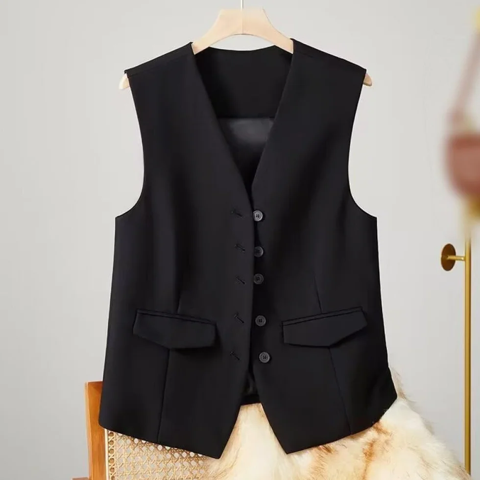 Damska kamizelka bez rękawów Blazer, elegancka smukła biurowa kamizelka płaszcz Retro Party kamizelka, V-hals kamizelka, czarny, L
