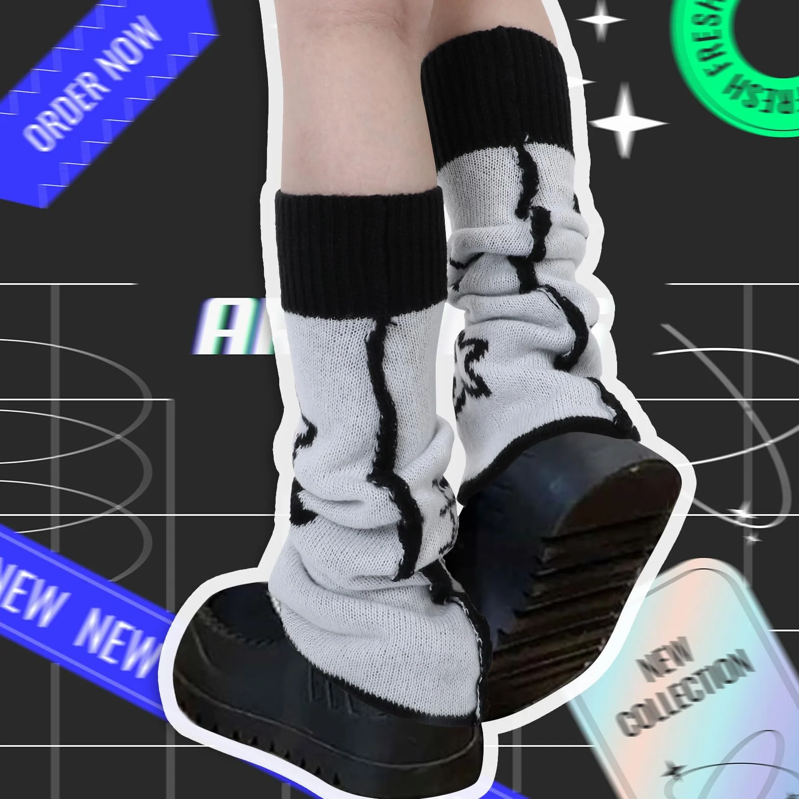 Nogeqi 1 para luźnych, dzierganych getrów na nogi, gotyckie, Y2K, długie skarpetki, japońskie skarpety , ocieplacze na nogi, lata 80., Harajuku, Legwarmers, dziewczęce, kawaii, dzianinowe getry