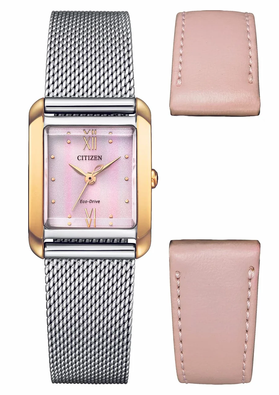 Citizen Damski analogowy zegarek Eco-Drive z paskiem ze stali nierdzewnej, różowy, pasek