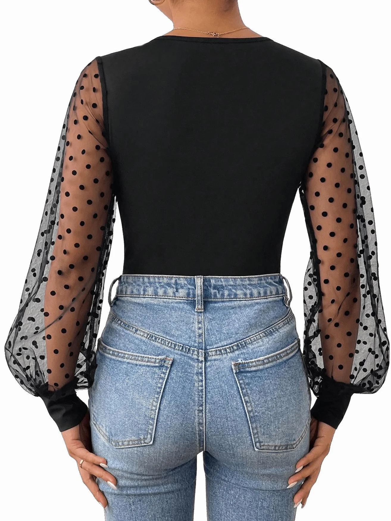 GORGLITTER Blusenbody damskie body bluzki z długim rękawem, w kropki, siateczkowe body, dekolt w serek, bufiaste rękawy, elegancka bluzka z długim rękawem