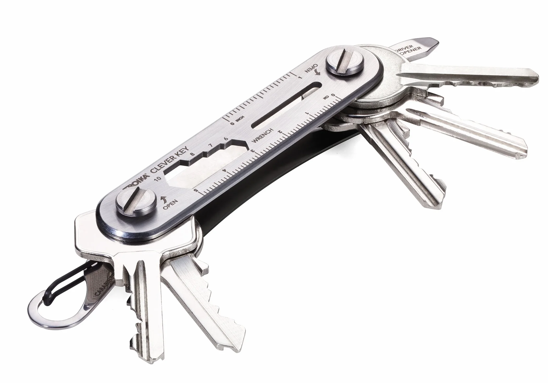 TROIKA CLEVER KEY KCL81/TI – organizer na maks. 6 kluczy – organizer na klucze, kompaktowy pęk kluczy – 6 dodatkowych funkcji – otwieracz do butelek – karabińczyk – oryginalny, srebrny tytan, 10 cm, brelok