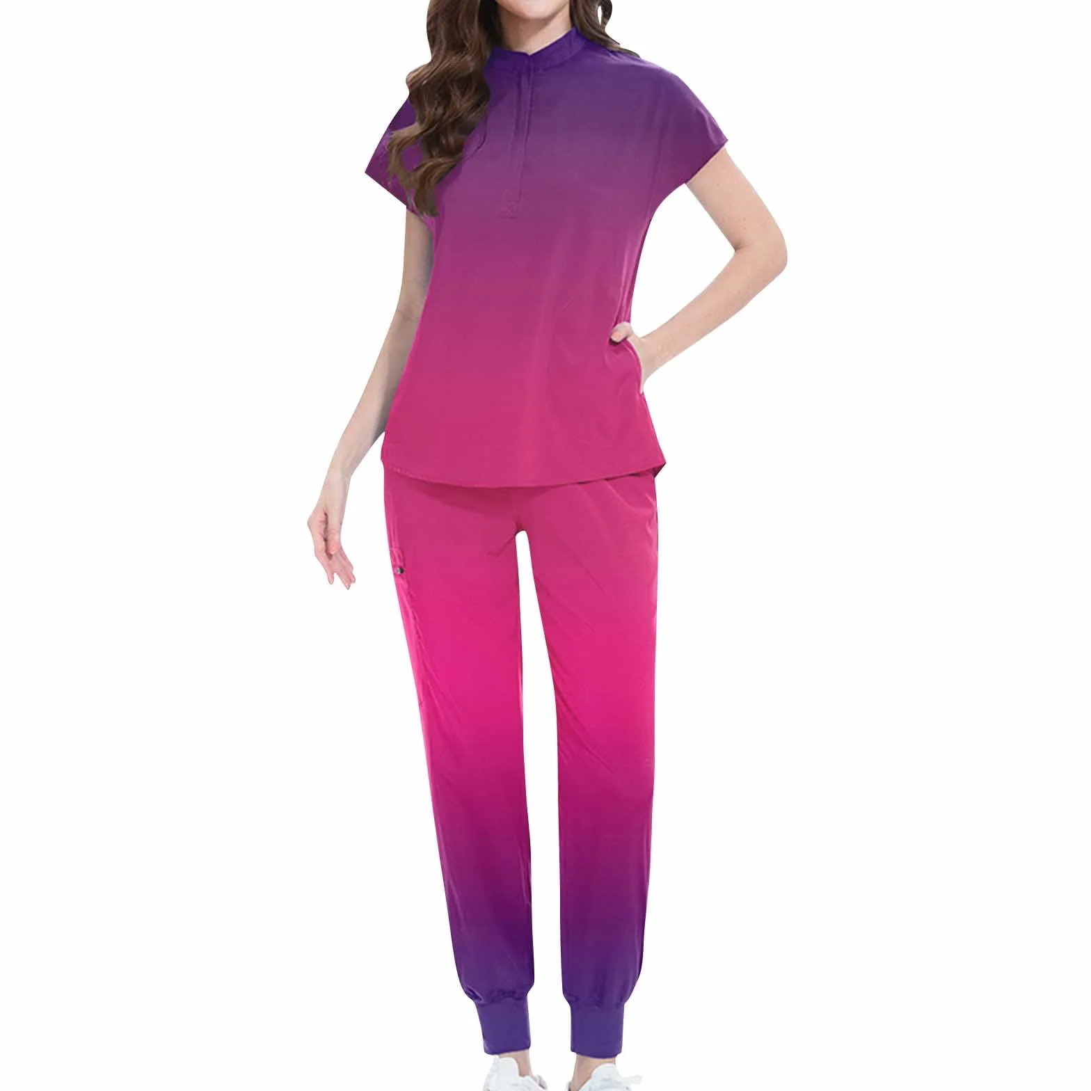 Scrubs Uniforms damski zestaw gradientowe pielęgniarki mundury kosmetyczne mundury medyczne i peelingi tuniki opieki zdrowotnej dla kobiet stójka top z krótkim rękawem i zestaw spodni pielęgniarka