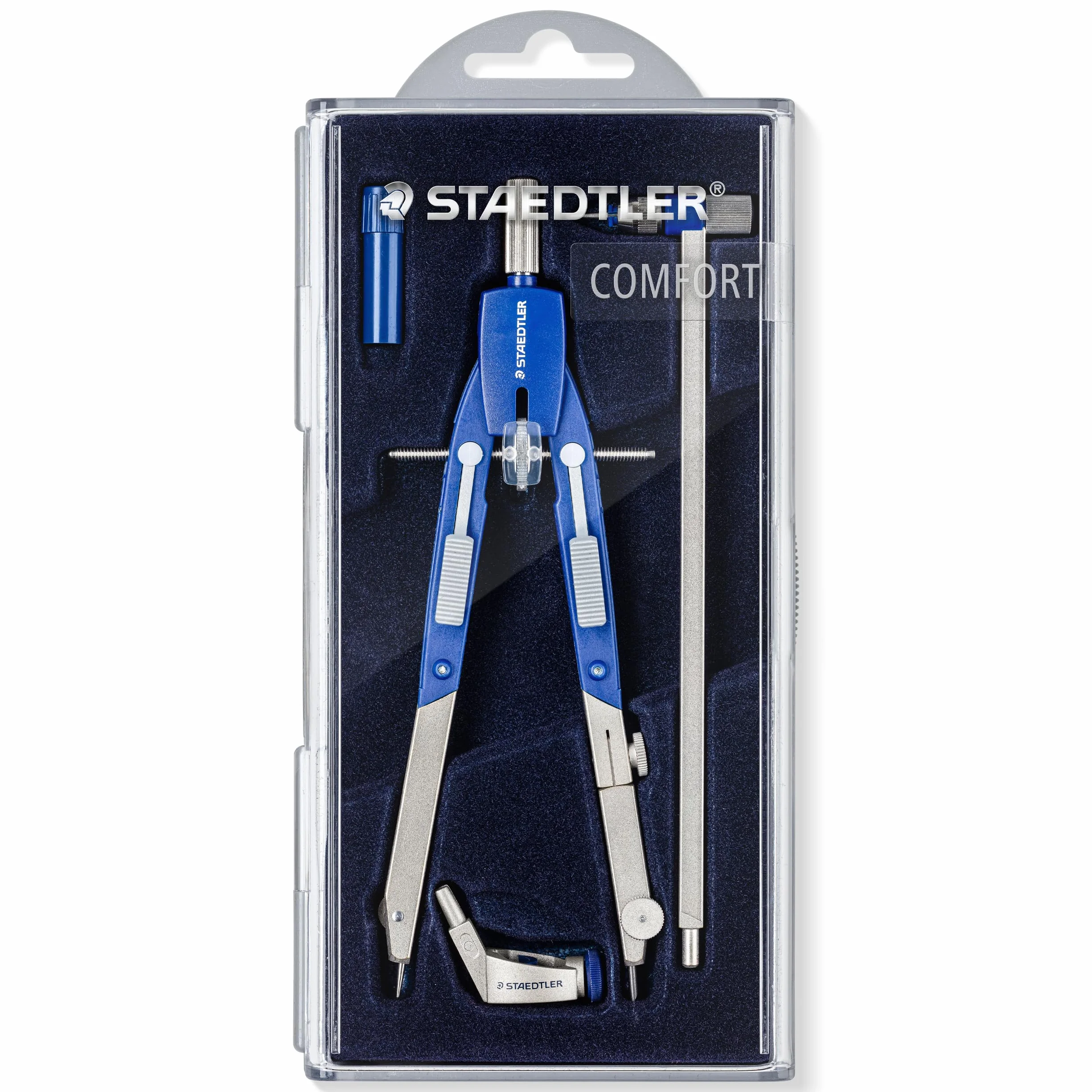 STAEDTLER Cyrkiel Mars Comfort, szybka regulacja, z przyciskami i prowadnicą wrzeciona, dokładny i precyzyjny, zestaw z drążkiem przedłużającym i uniwersalnym adapterem, etui z klapką, 552 02