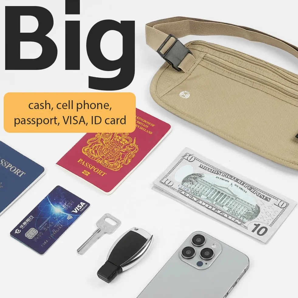 DiULi Pasek na pieniądze z blokowaniem RFID do podróży, ukryta torebka biodrowa z regulowanym elastycznym paskiem na talię, bezpieczne etui na paszport z 5 DARMOWYMI wnękami na karty, Khaki, Normale