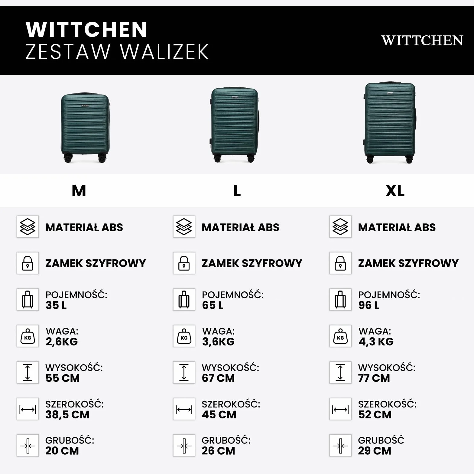 WITTCHEN Skyspeed Line Zestaw walizek Bagaż Walizki podrózne Twardy bagaż ABS Szyfrowy zamek Teleskopowy uchwyt 4 kółka Zielony