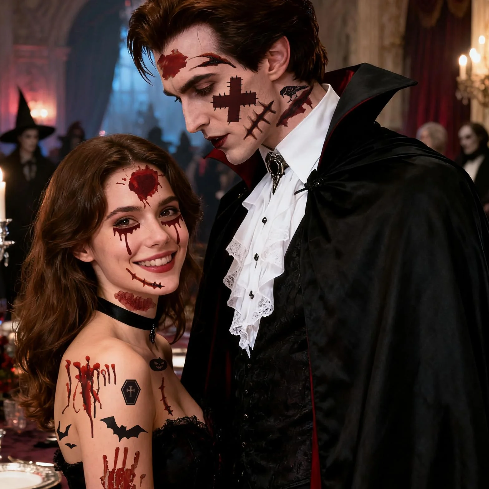 12 arkuszy tatuaży na Halloween, kostium dla kobiet i mężczyzn, tatuaż na twarz, blizny, rany, nietoperz, twarz, naklejki, tymczasowe tatuaże, akcesoria dla wampira, zombie, diabła, czarownicy