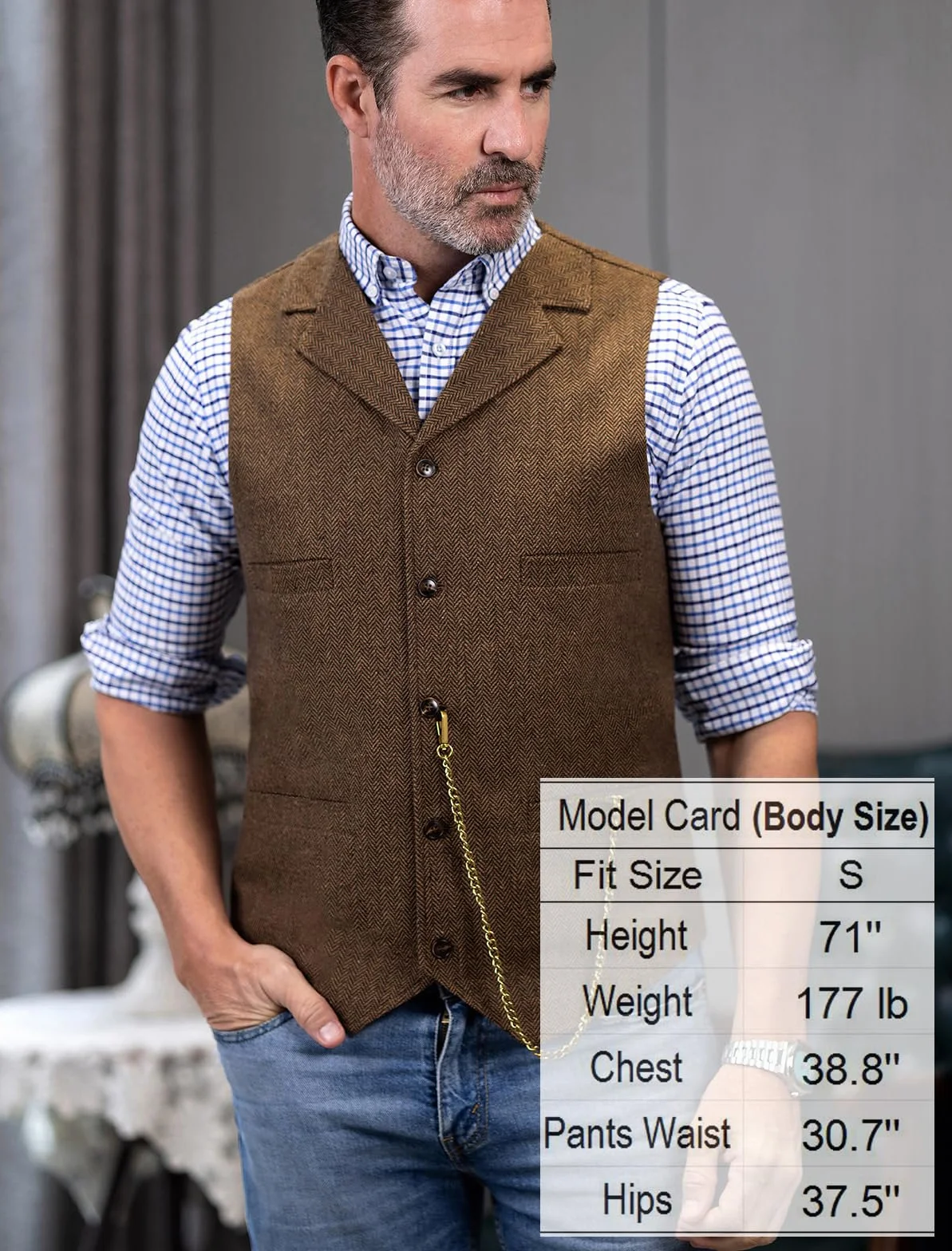 Ceehuteey Męska kamizelka garniturowa, tweed, retro, dekolt w serek, wełniana jodełka, na studniówkę