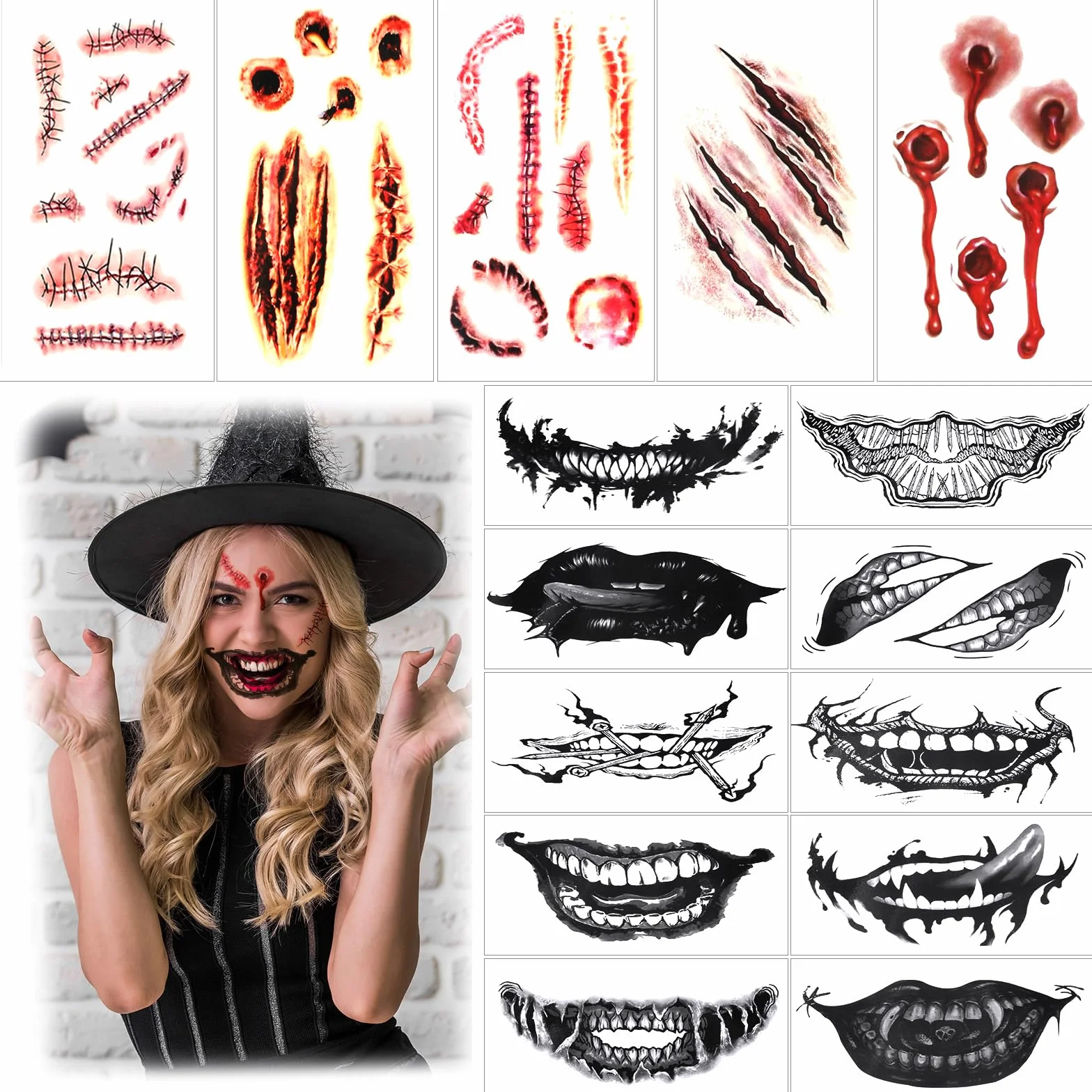 KATIMI 15 sztuk Halloween Twarz Usta Tatuaże Naklejki Halloween Blizny Tatuaż Rany Halloween Wodoodporne Tymczasowe Tatuaże Halloween Zombie Wampir Na Imprezę Dekoracje