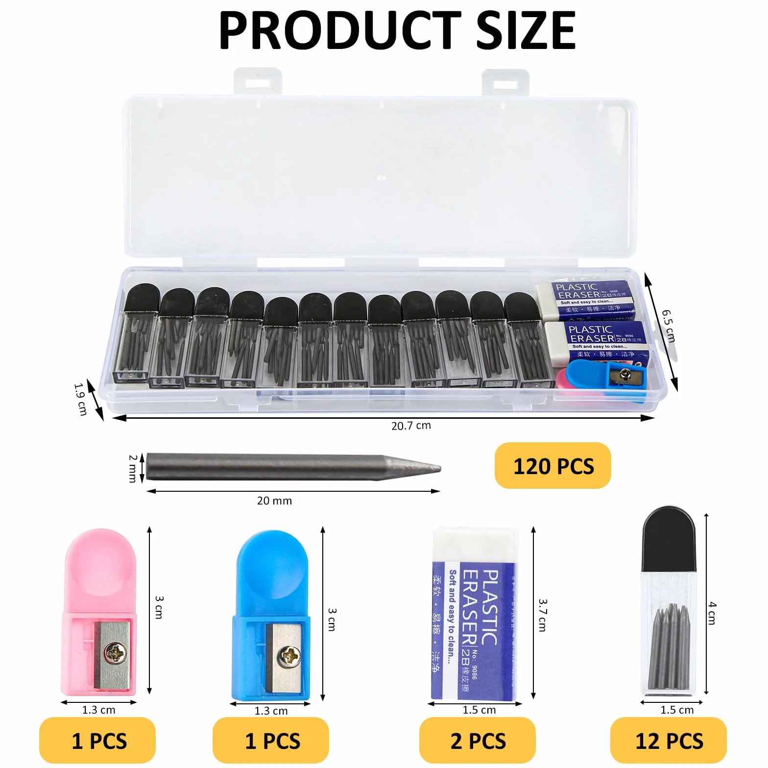 ZEFAN 120 sztuk wkładów cyrkowych 2B, 2 mm, wkłady zapasowe 2 cm z 2 rolkami prowadzącymi, 2 gumkami do ścierania, wkład cyrkiel do rysowania matematyki