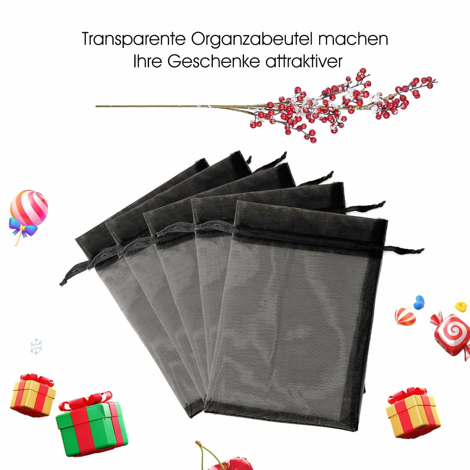 jijAcraft Woreczki z organzy ślubne czarne woreczki z organzy 10 x 15 cm, 50 sztuk ze sznurkiem, na słodycze, na biżuterię, torebki na prezenty weselne