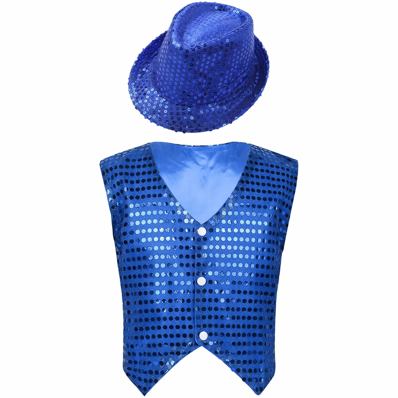 JEATHA Dziecięca kamizelka z cekinami z kapeluszem, jazz, latynoska, bez rękawów, kurtka Crop Top Glitter Tanktop Vest Top, błyszcząca górna część odzieży do tańca