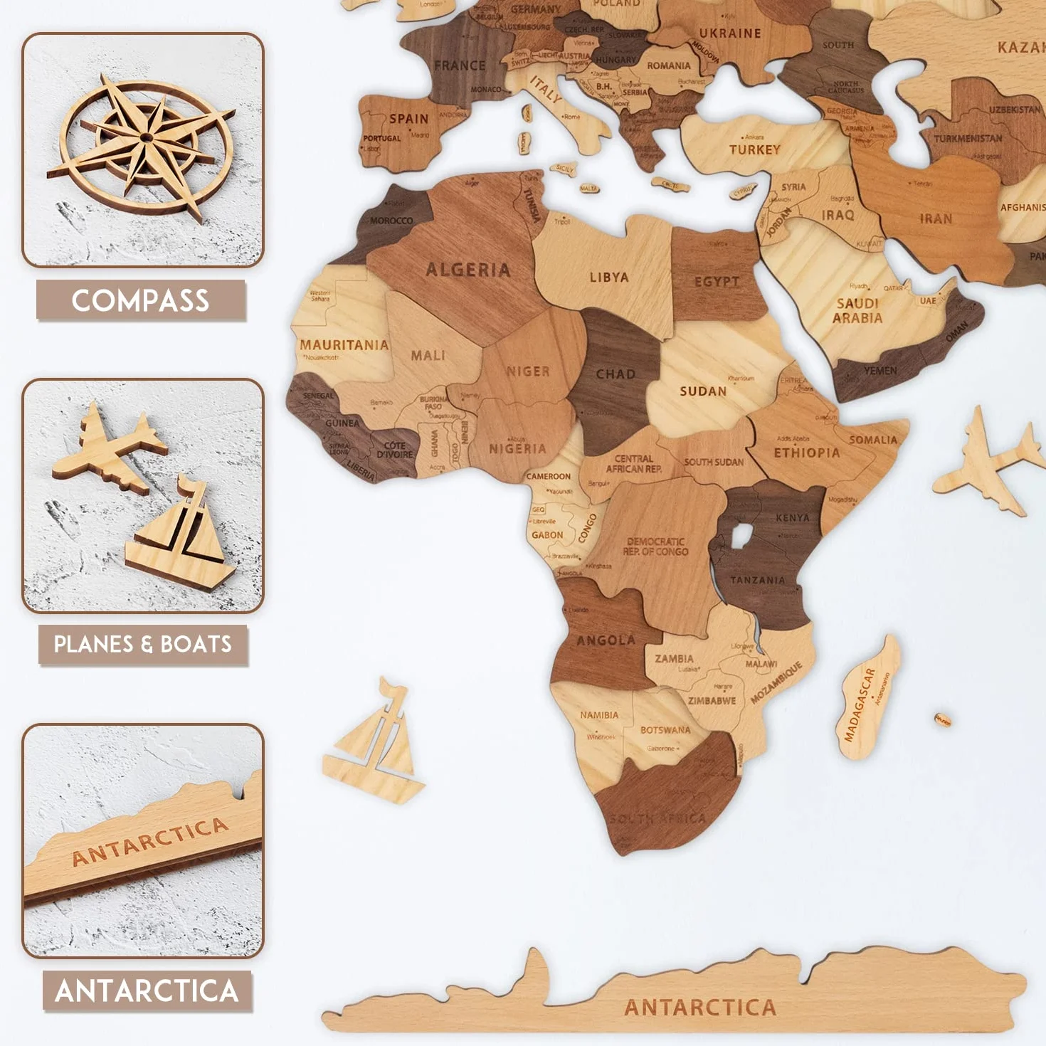 Creawoo Dekoracja Ścienna Mapa Świata 3D, Wielowarstwowa Mapa Drewna, Mapa Domu, Biura, Wielokolorowa, Kreatywny Prezent, 150 x 85 cm