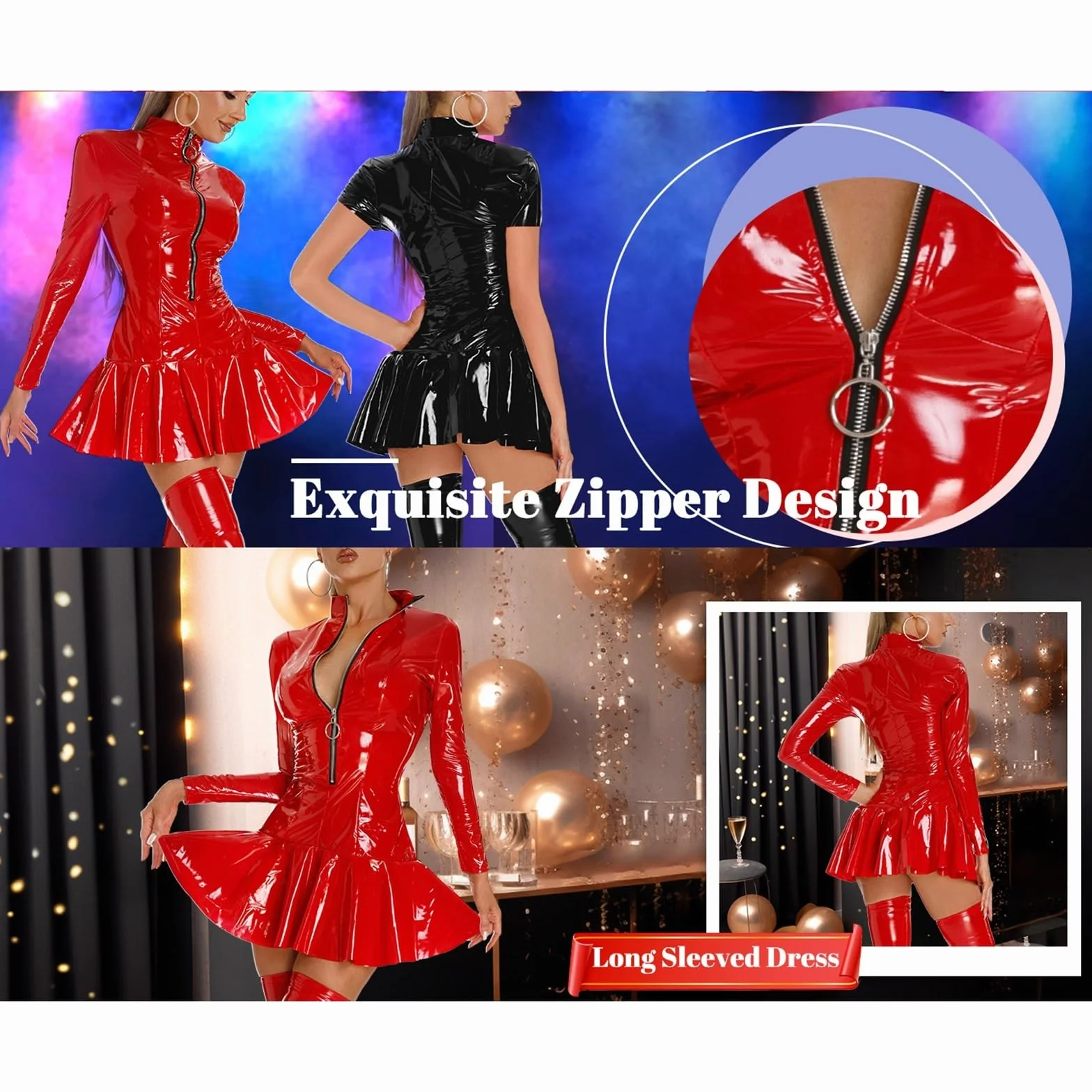 Sukienka lateksowa dla kobiet z długim rękawem skórzane body seksowna bielizna wyglądająca na mokre stroje Halloween kostium Dominatrix