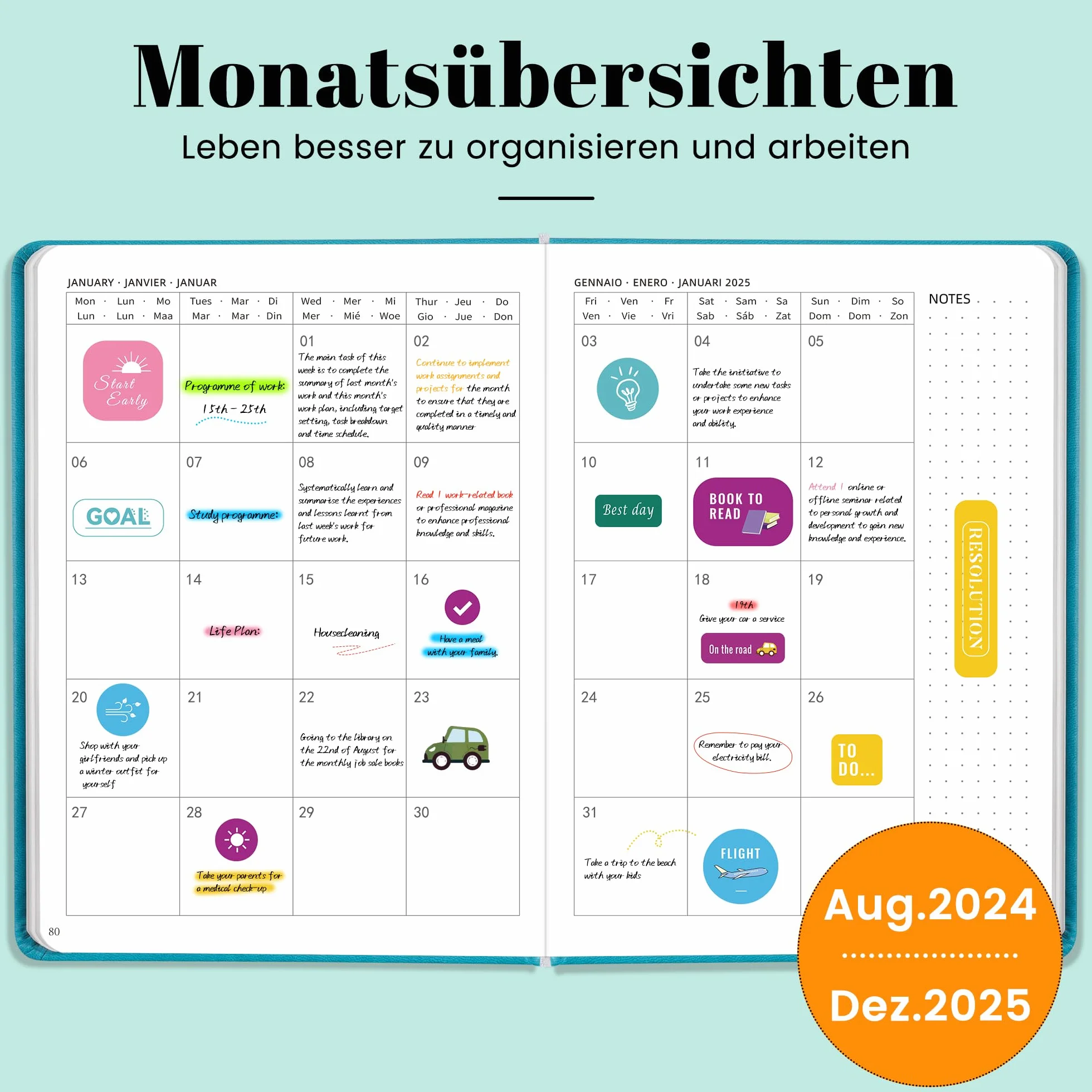 Terminarz na rok 2025, kalendarz z planem tygodniowym, plan miesięczny, terminarz szkolny 30 minut – od sierpnia 2024 do grudnia 2025 r. ok. A5 (22 x 16 cm)