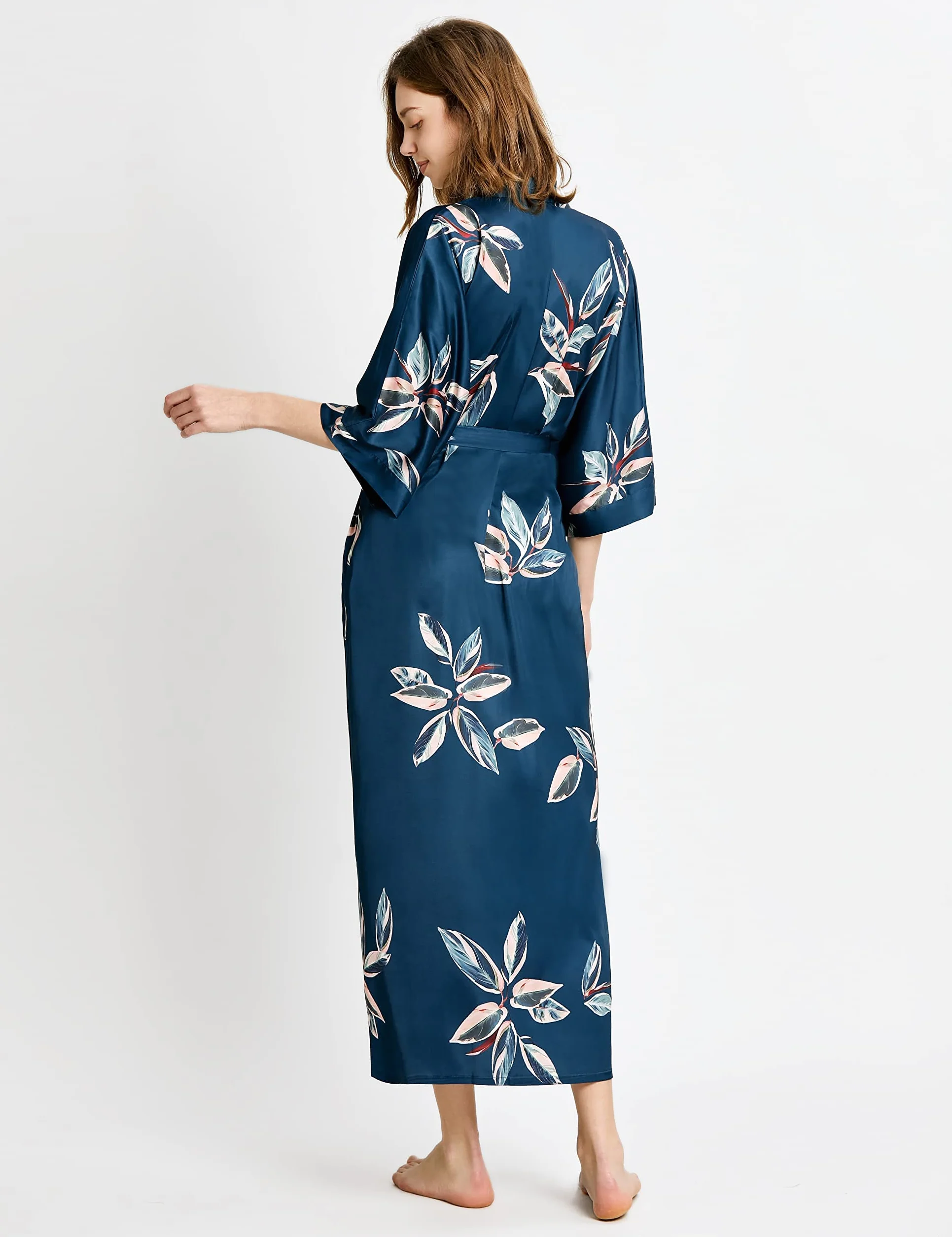 BABEYOND Damski szlafrok poranny wzór liść maxi długi Robe kimono lato satynowy szlafrok damski sukienka plażowa lekki płaszcz do spania